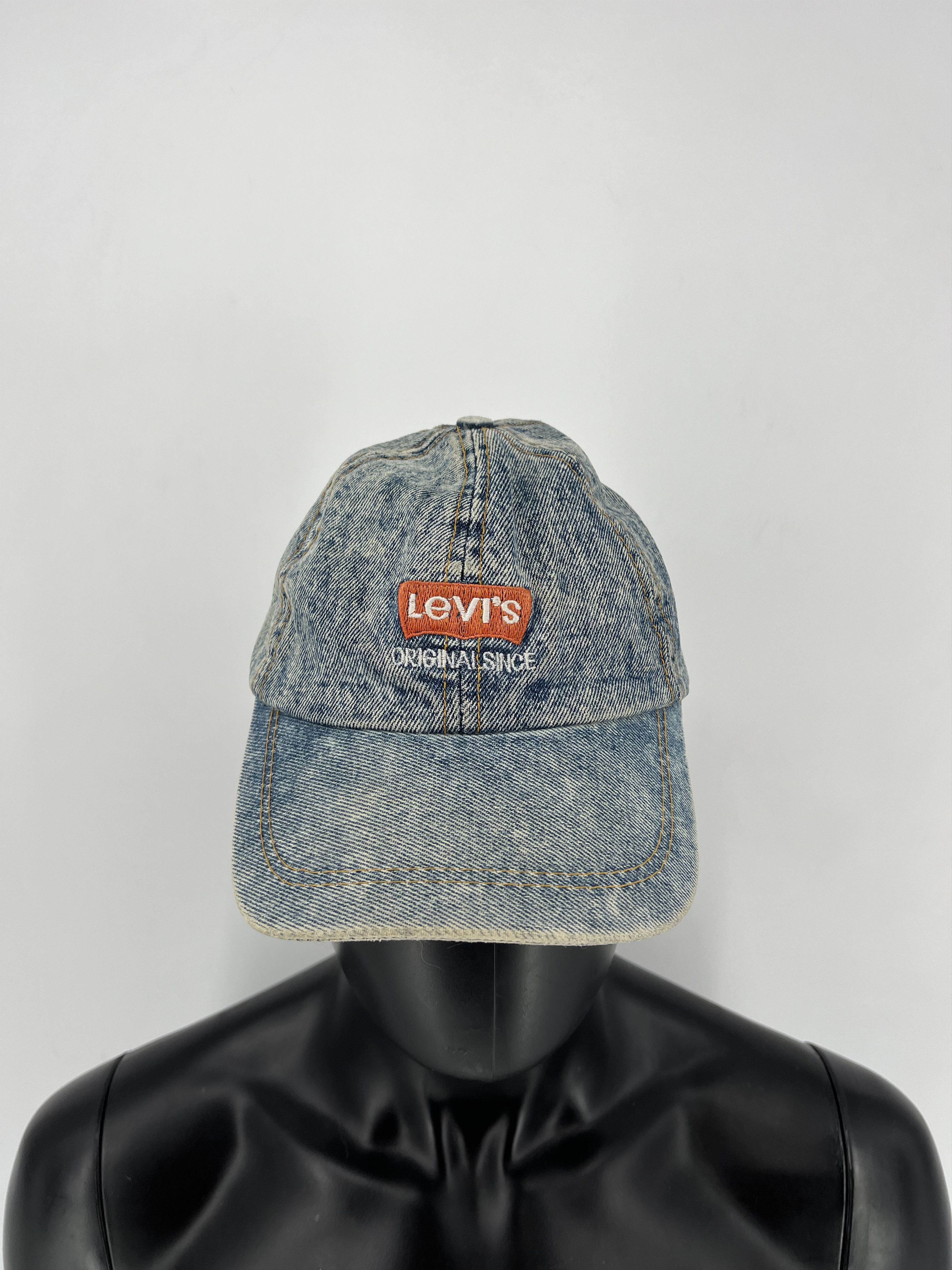 Levi's 80s Levis Denim Trucker Hat Leather Patch Strap Back Foam Size ONE SIZE - 1 Thumbnail