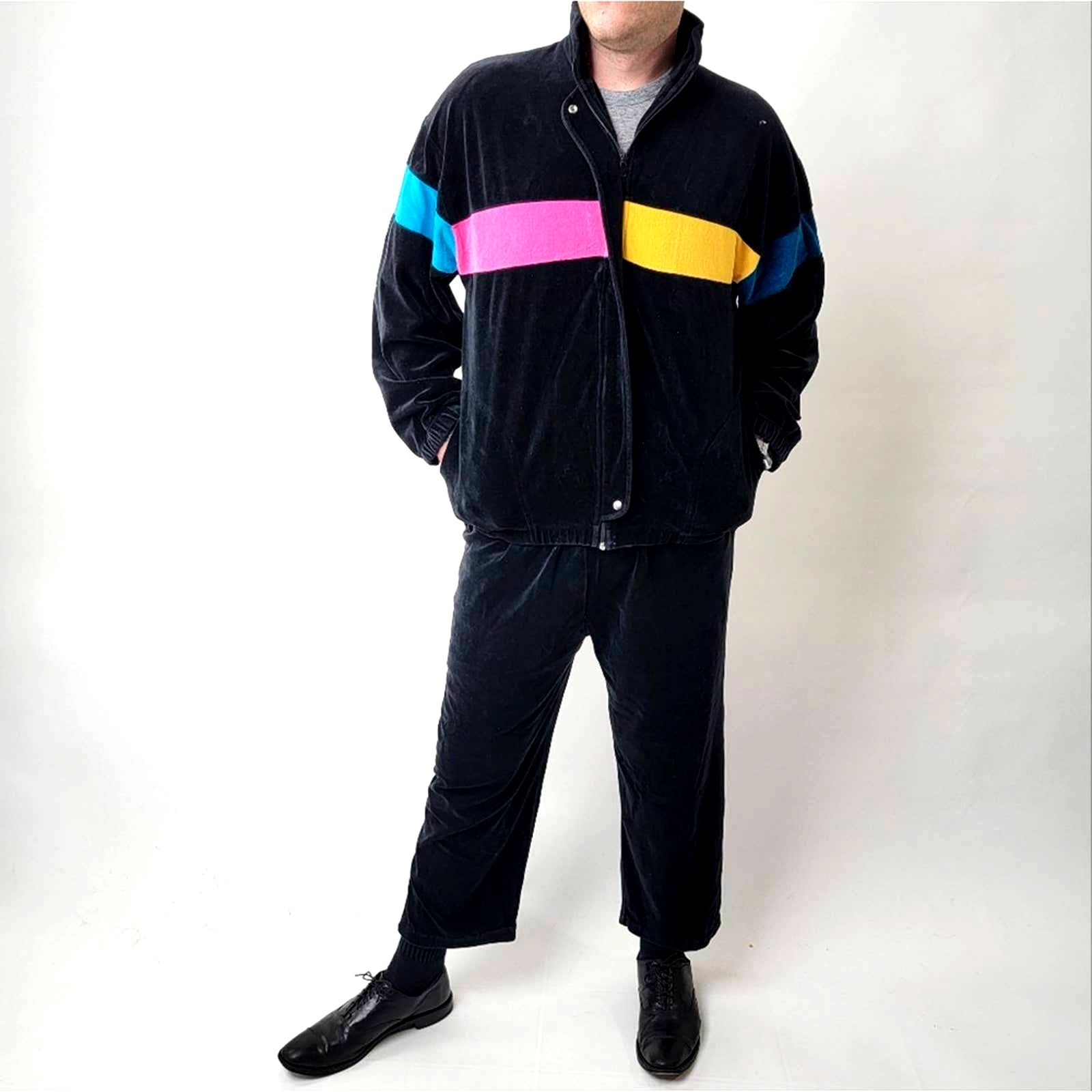 image of Vintage 90's Velour Track Suit - Multi Color Stripes - XL in Black, Men's