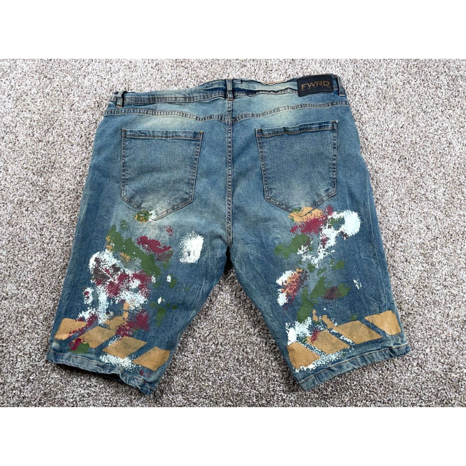 Denime VINTAGE FWRD Paint Splatter Denim Shorts Bermuda Mens 41 x 13 Blue 90s Hip Hop Retro, 44 Tag Men’s Regular Gender Mens Size US 41 - 2 Thumbnail