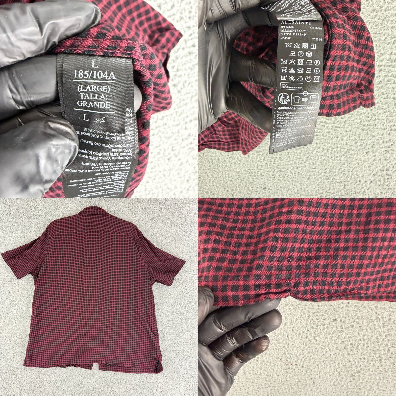 Allsaints AllSaints Glendale Shirt Mens Large Red Black Gingham Relaxed Fit Wool SS Size US L / EU 52-54 / 3 - 8 Thumbnail