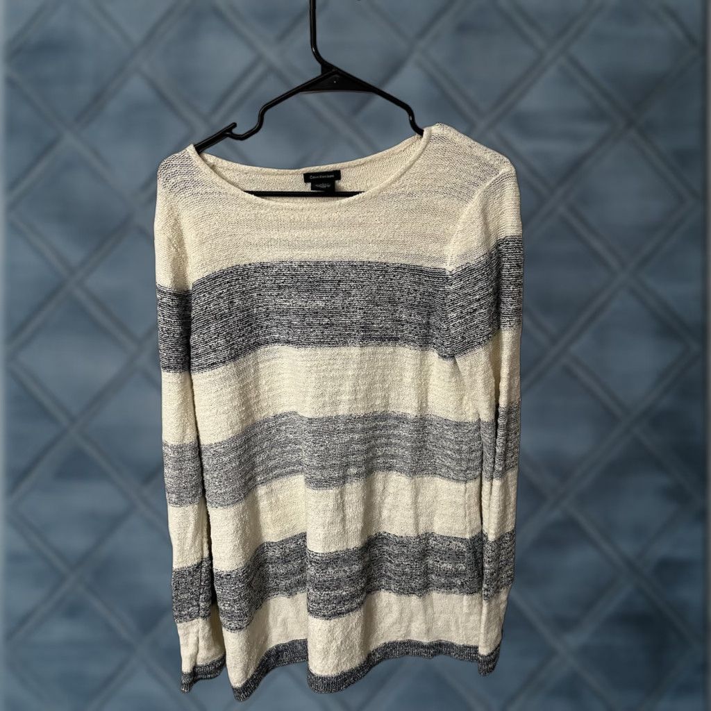 Calvin Klein Calvin Klein Women Striped Tunic Sweater Large Ivory Navy Boat Neck Slit Back Plus Size Size L / US 10 / IT 46 - 1 Thumbnail