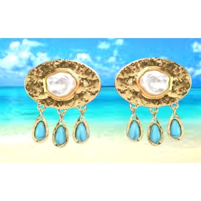 Handmade Hammered Metal Faux Pearl Turquoise Earrings Posts New Crui Size ONE SIZE - 1 Thumbnail