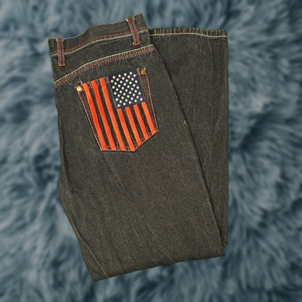 VINTAGE Red Ape Jeans Baggy Skater Grunge VTG Mens 38 Embroidered Flag Denim Wide-Leg 30in Inseam Mens