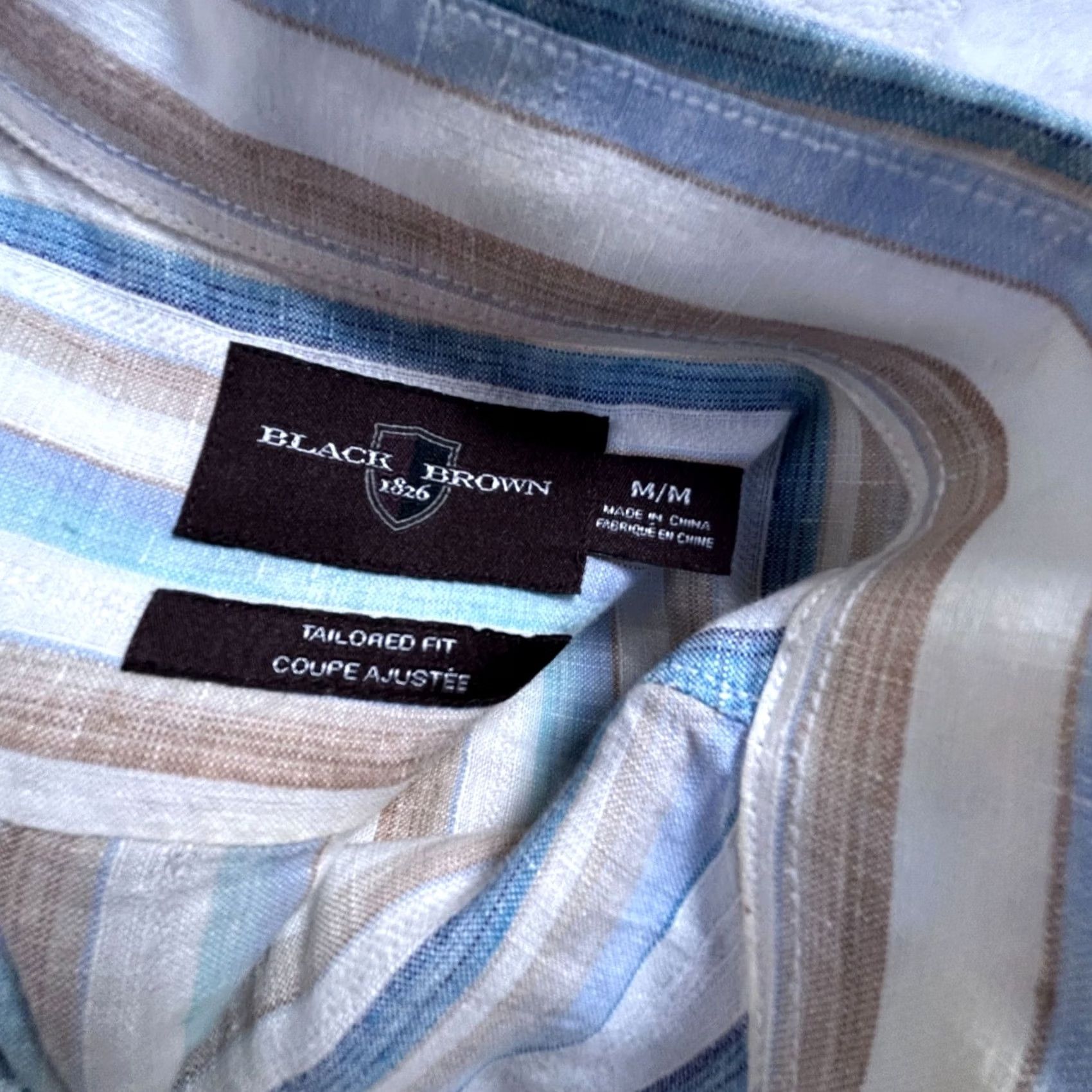 Vintage Black Brown 1826 Mens Striped Linen Button-Up Shirt MediumBlue/Tan Regular Fit Long Sleeve Casual Shirt Size US M / EU 48-50 / 2 - 3 Thumbnail