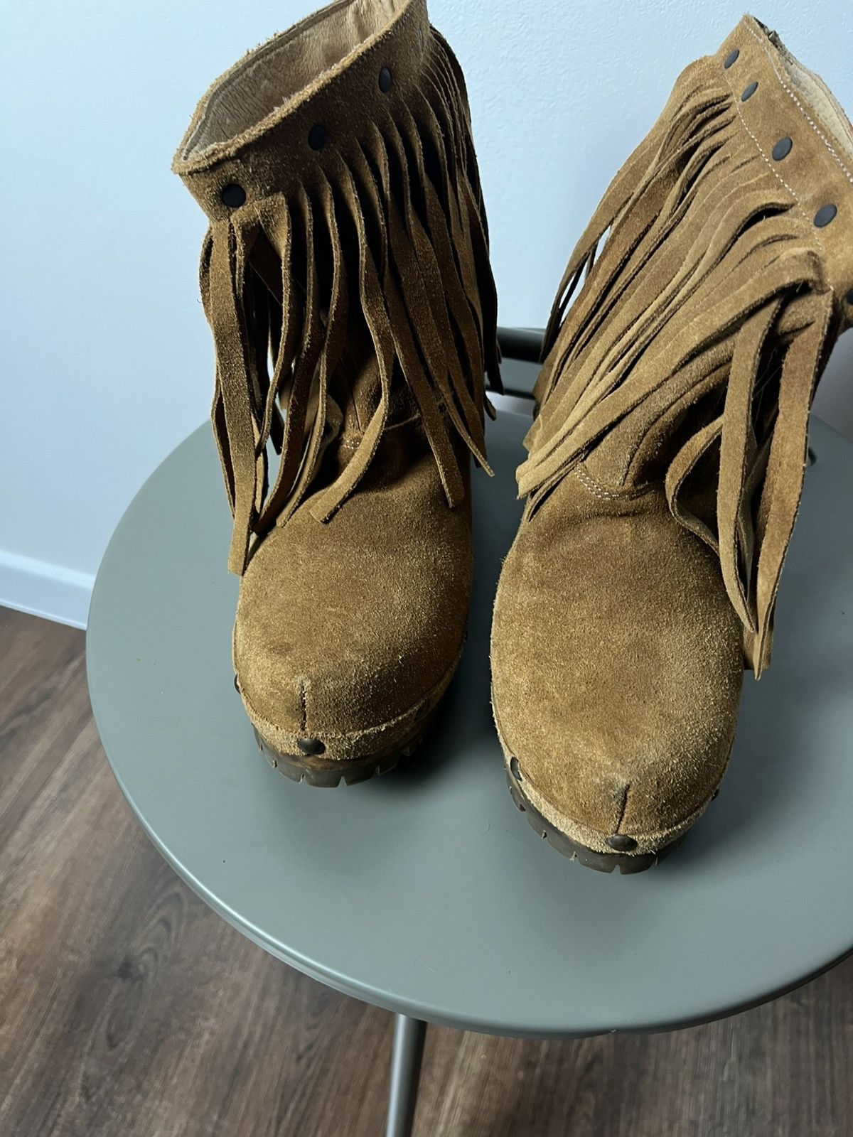 Cowboy Equipment × Vintage Western Fringe Suede Leather Boots with Wooden Platform Sole Size US 6 / IT 36 - 9 Thumbnail