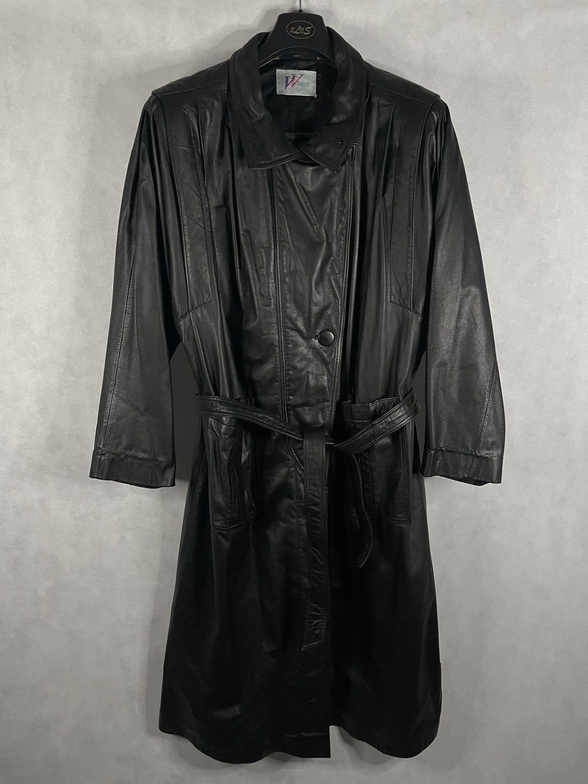 Japanese Brand × Vintage Black Vintage 90s Y2k Long Leather Belted Jacket Designer Size US L / EU 52-54 / 3 - 3 Thumbnail