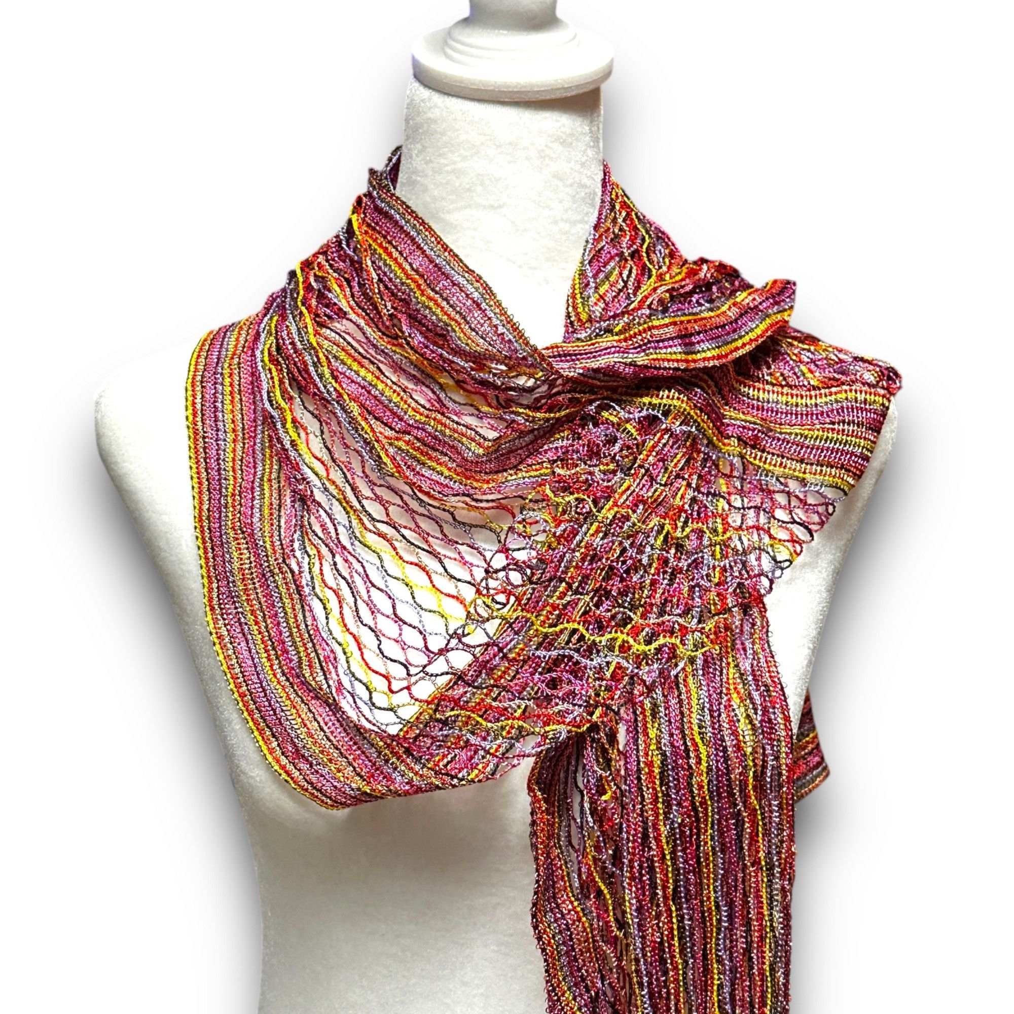 Designer Festive Colorful "Silk Feel" Polyester Mesh Scarf Fringe EUC Size ONE SIZE - 1 Thumbnail