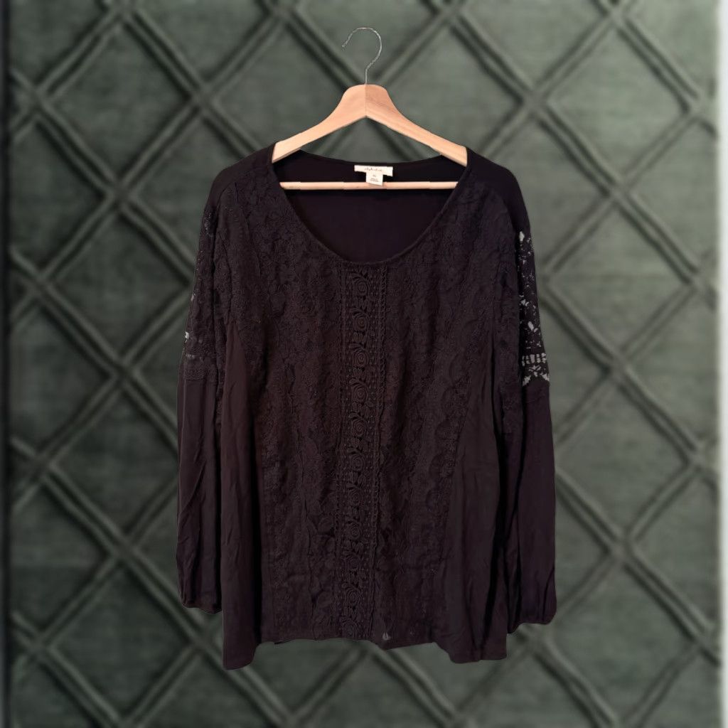 Vintage Style & Co Blouse Women XL Black Lace Floral Round Neck Casual Sleeve Long Crochet Ruffle Button Machine Washable Vintage No NWT MSRP 55 Womens Size XL / US 12-14 / IT 48-50 - 1 Thumbnail