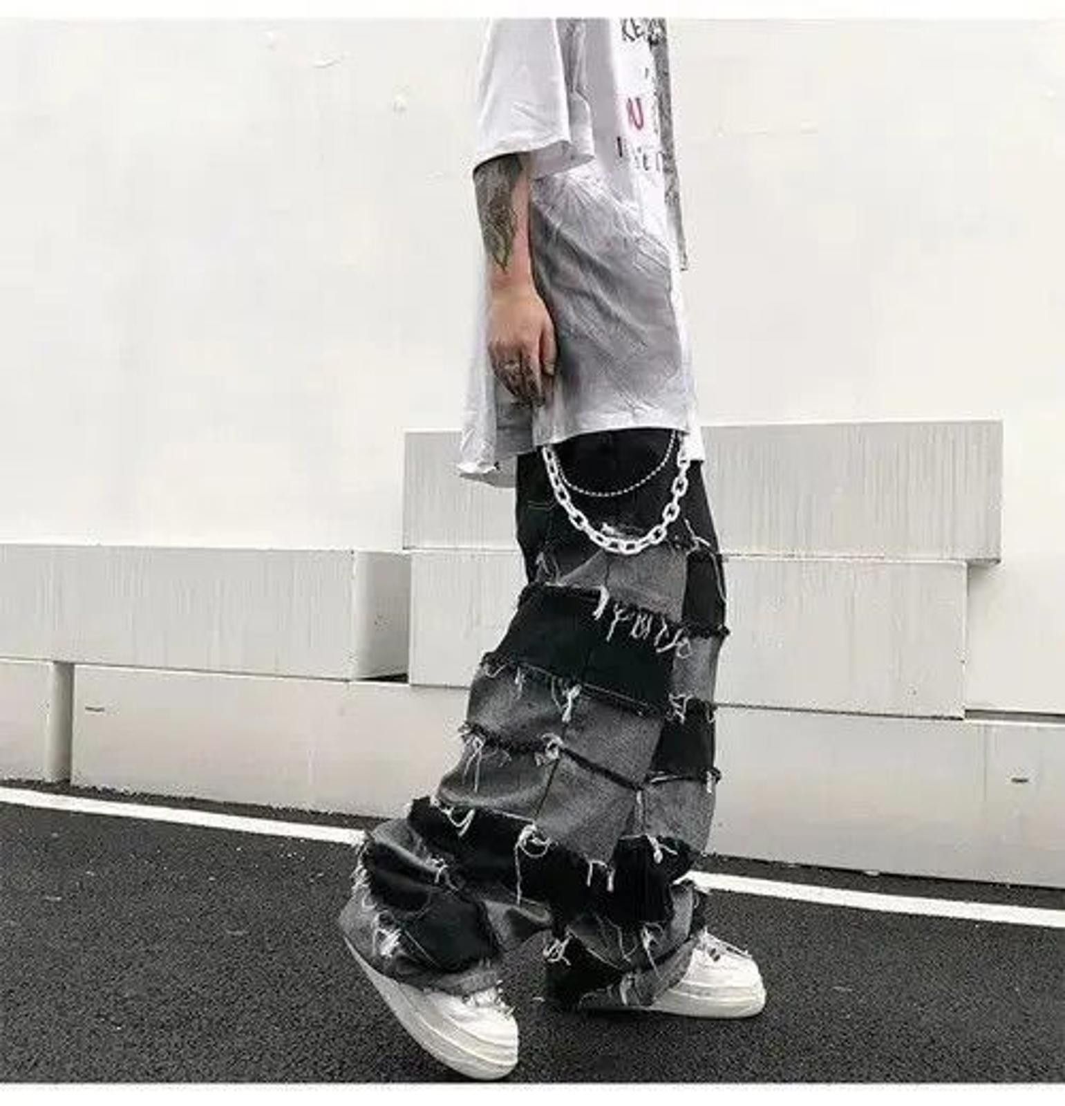 Vintage Distressed Stripe Patchwork Baggy Denim Jeans Size US 32 / EU 48 - 4 Thumbnail