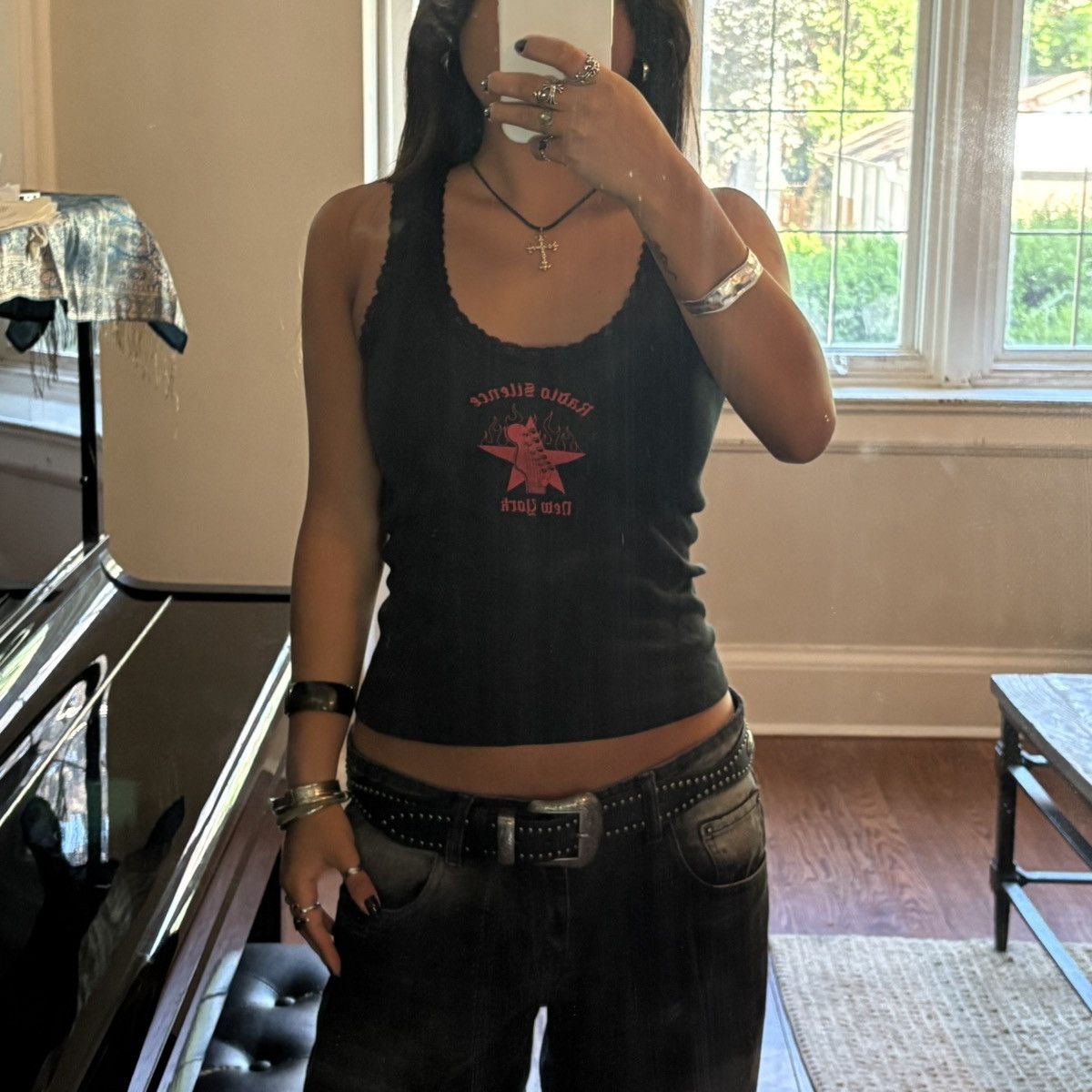 Brandy Melville Brandy Melville Radio Silence Black and Red Tank Top Size ONE SIZE - 1 Thumbnail