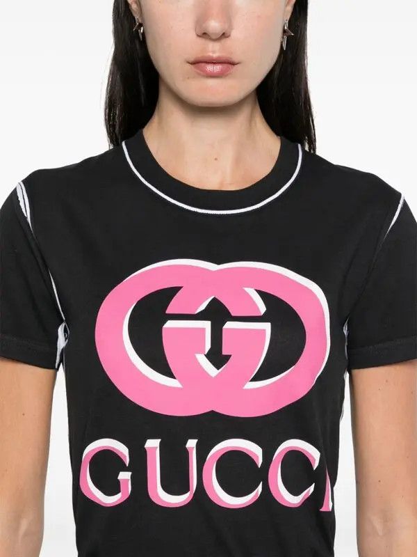 Gucci oc11z0126 Printed Cotton Jersey T-Shirt In Black/Pink Size S / US 4 / IT 40 - 5 Thumbnail
