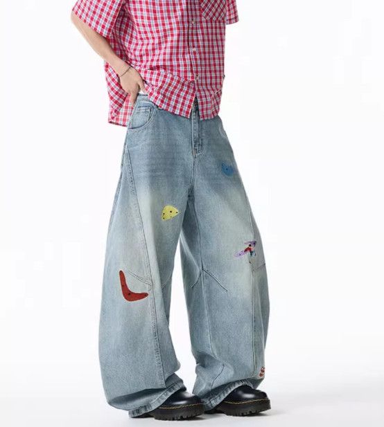 Japanese Brand Men's hip-hop wide-leg cartoon embroidered washed jeans Size US 32 / EU 48 - 2 Thumbnail