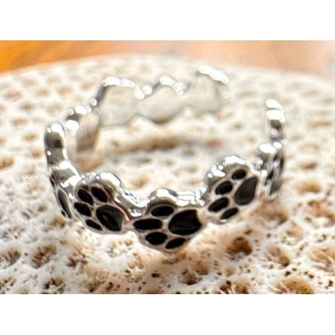 Handmade Paw Print Ring New Silver Black Dogs Cats Animal Rescue Pet Size ONE SIZE - 3 Thumbnail
