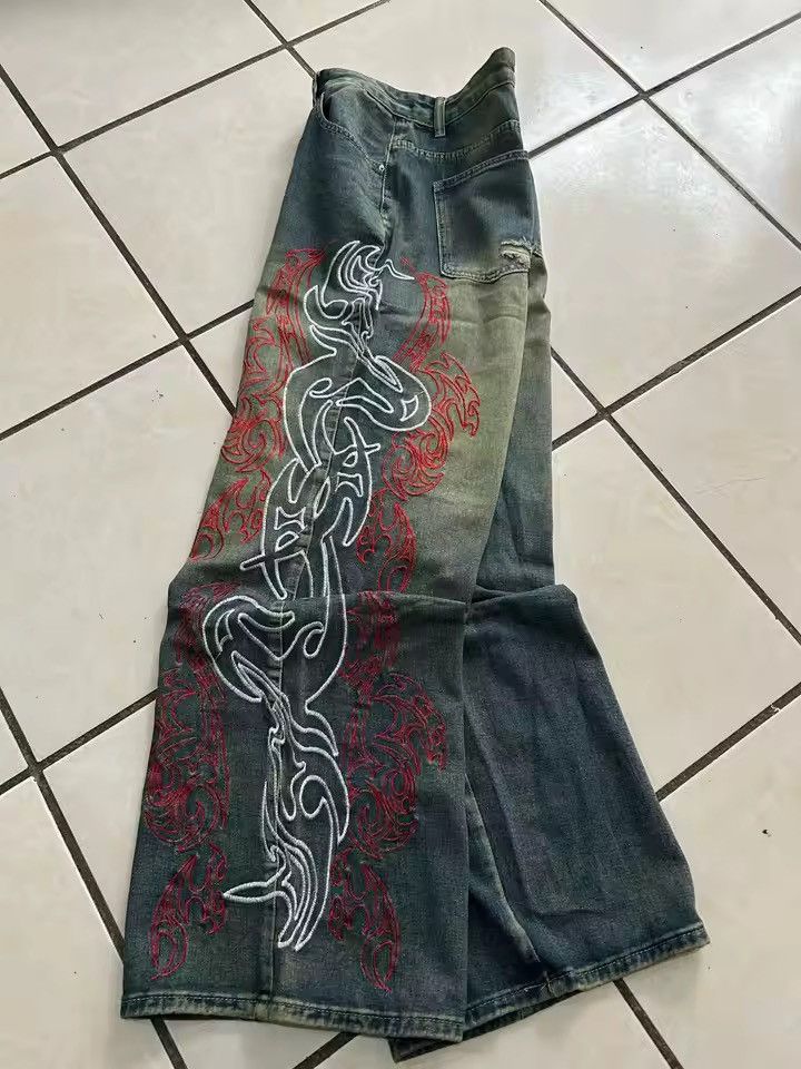 Jean Y2K Street New Pattern Embroidery Baggy Jean Size US 31 - 5 Thumbnail