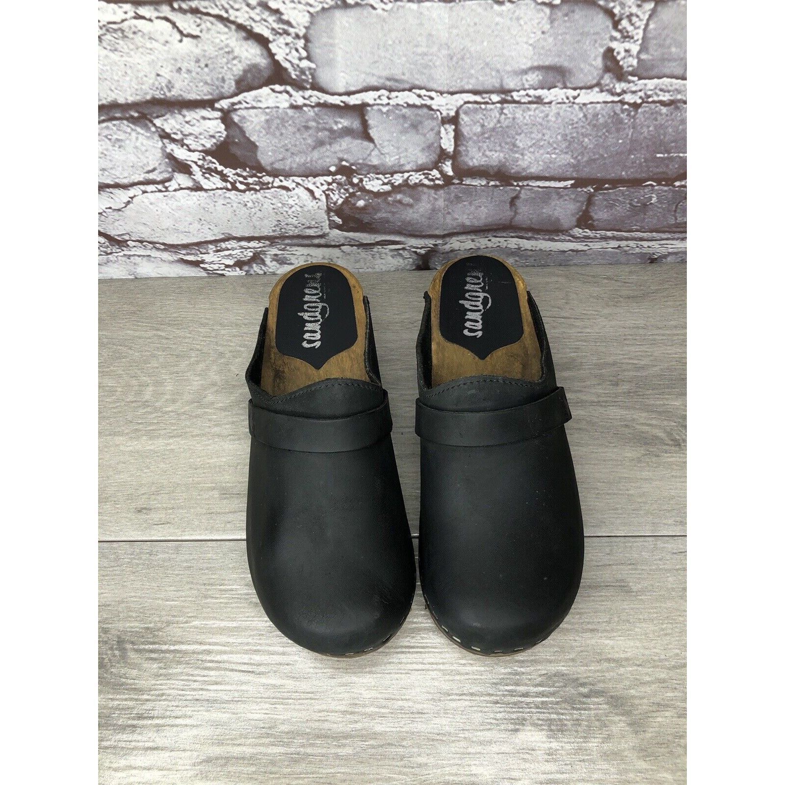 Other Sandgrens Handmade Swedish Black Nubuck Leather Wood Clogs W Size US 6 / IT 36 - 2 Thumbnail