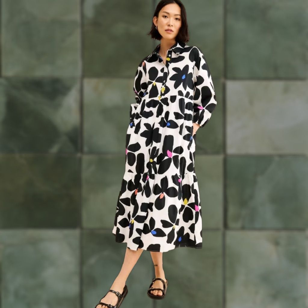 Anthropologie Anthropologie Maeve Bettina Midi Shirt Dress Black & White  Floral Puff Sleeve Size M | Grailed