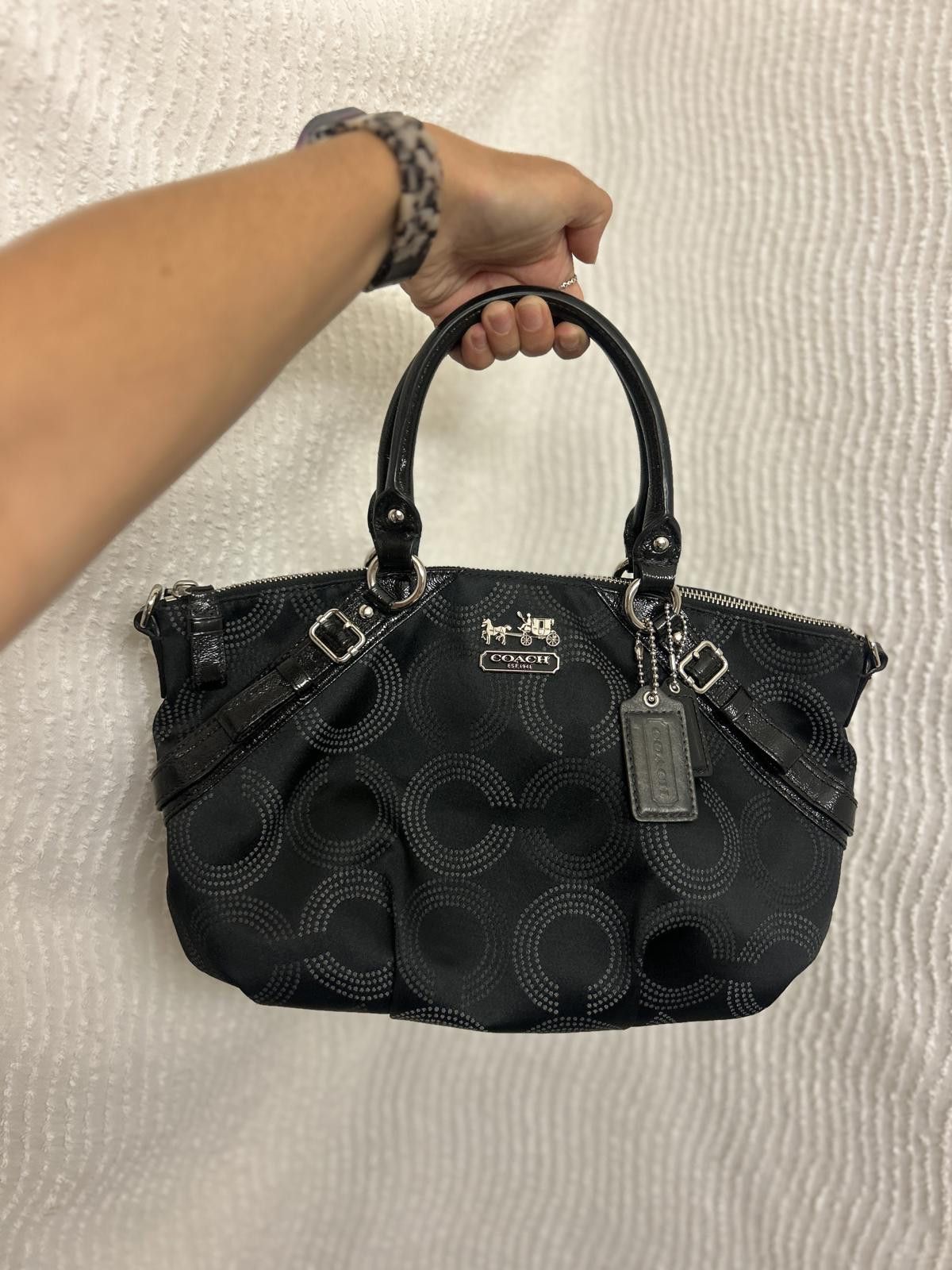 Coach Madison Op Art Dot Sophia Satchel Black Silver Bag