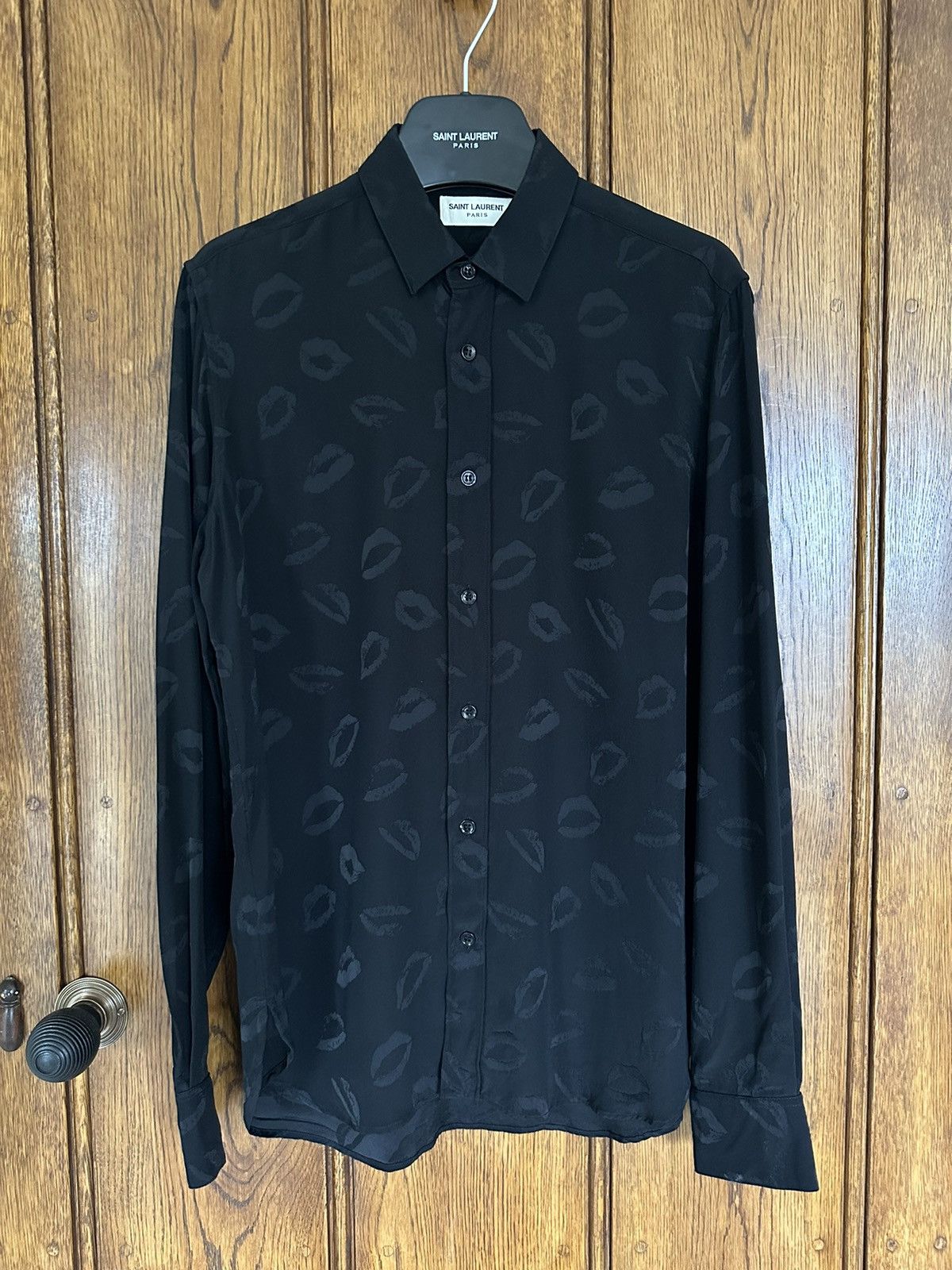 Saint Laurent Paris SS16 Saint Laurent kiss lips silk viscose black shirt Hedi Size US M / EU 48-50 / 2 - 2 Thumbnail