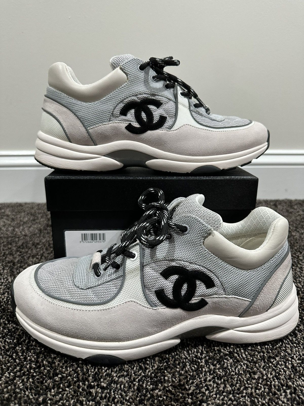 image of Chanel Cc Logo Quilted White / Grey Suede Trainer Sneakers, Men's (Size 10)