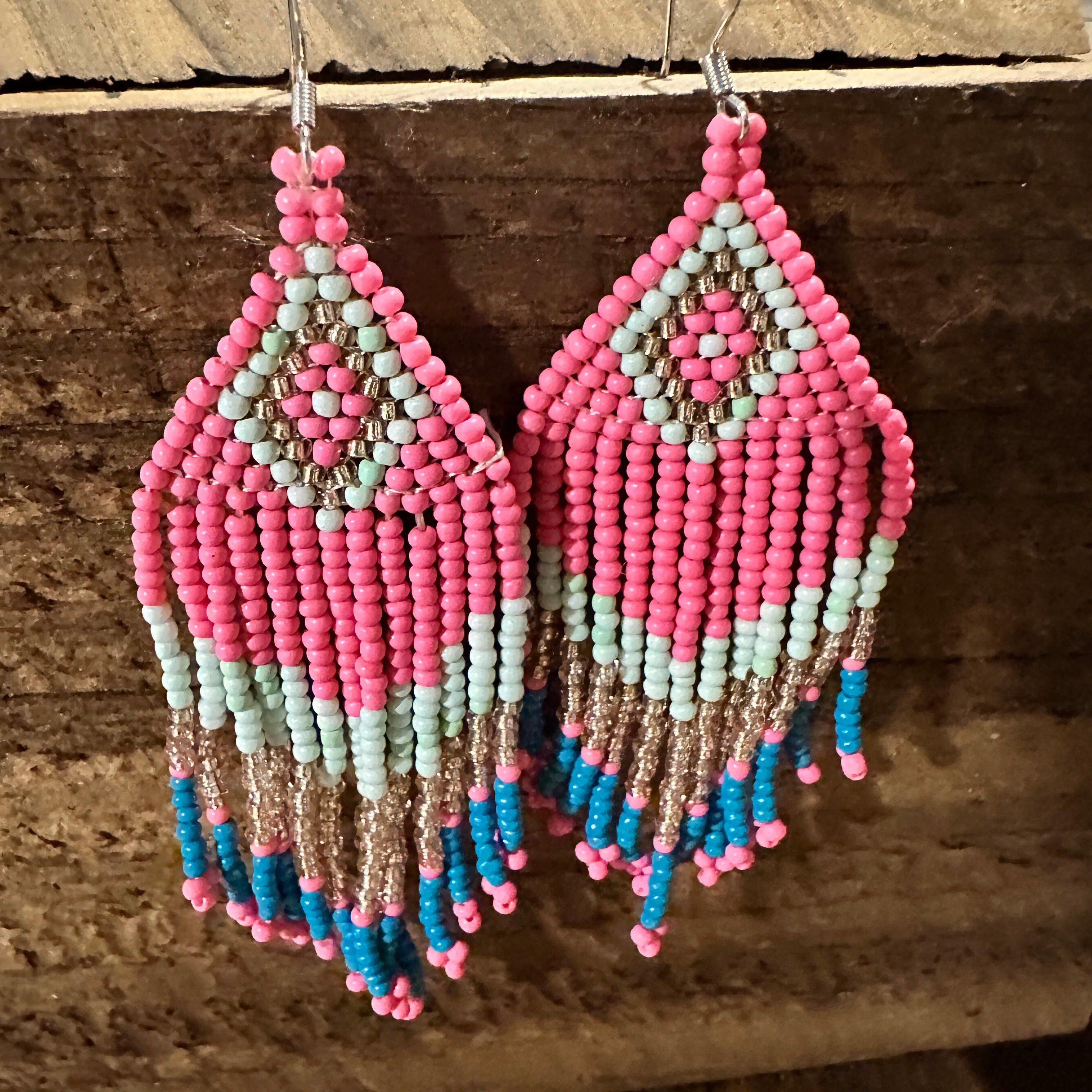 Other Navajo-Inspired Boho Seed Bead Dangle Earrings in Pink and B Size ONE SIZE - 2 Thumbnail