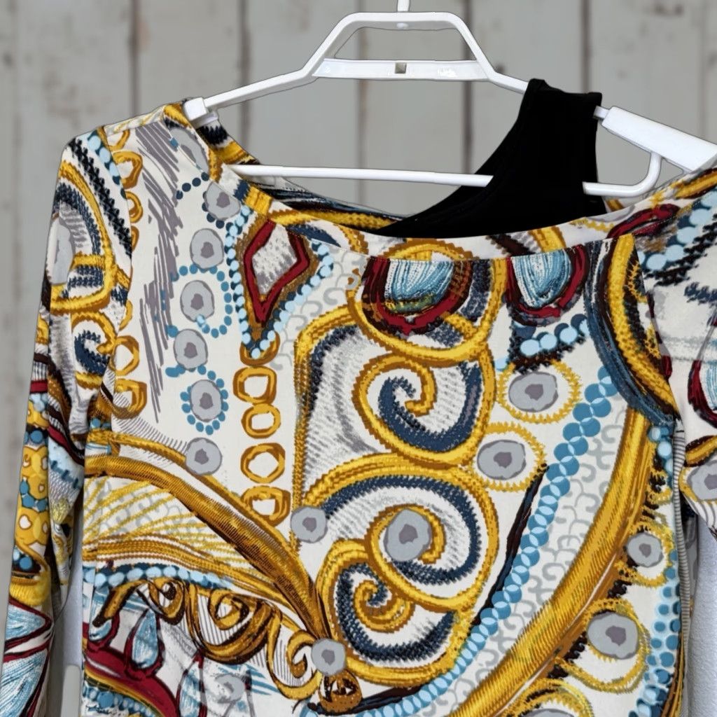 Vintage VINTAGE Attitudes by Renee Como Jersey Asymmetric Neckline Tunic Top Women's Medium Yellow Paisley Print 3/4 Sleeve Stretch Size M / US 6-8 / IT 42-44 - 1 Thumbnail