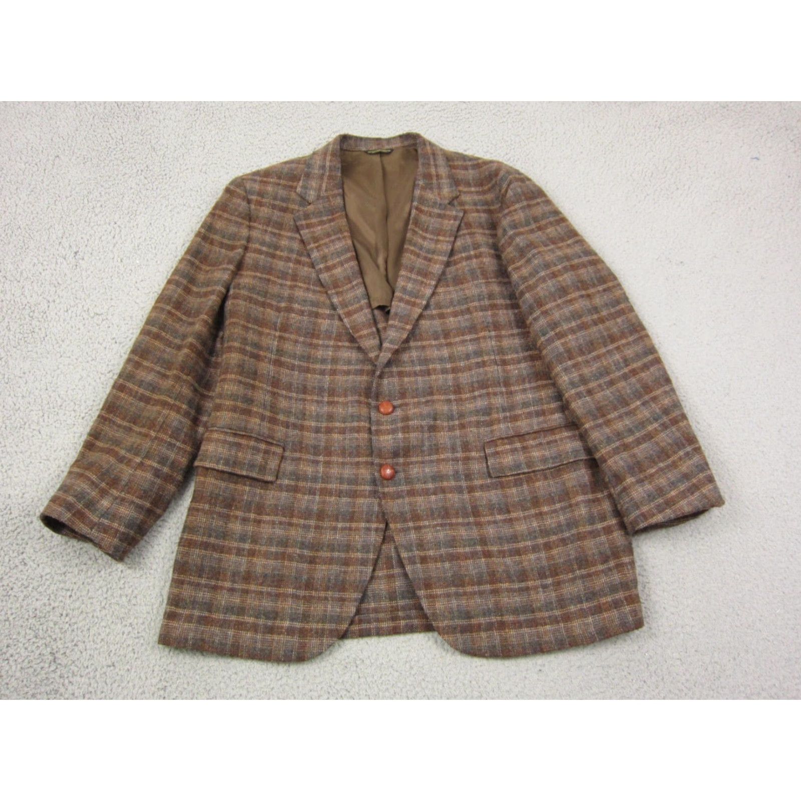 Palace VINTAGE Palace Clothiers Blazer Jacket Mens 44 Brown Tweed Plaid 80s 90s Sports Coat Two-Button Front Mid-Length Regular Fit Mens Size 44R - 2 Thumbnail