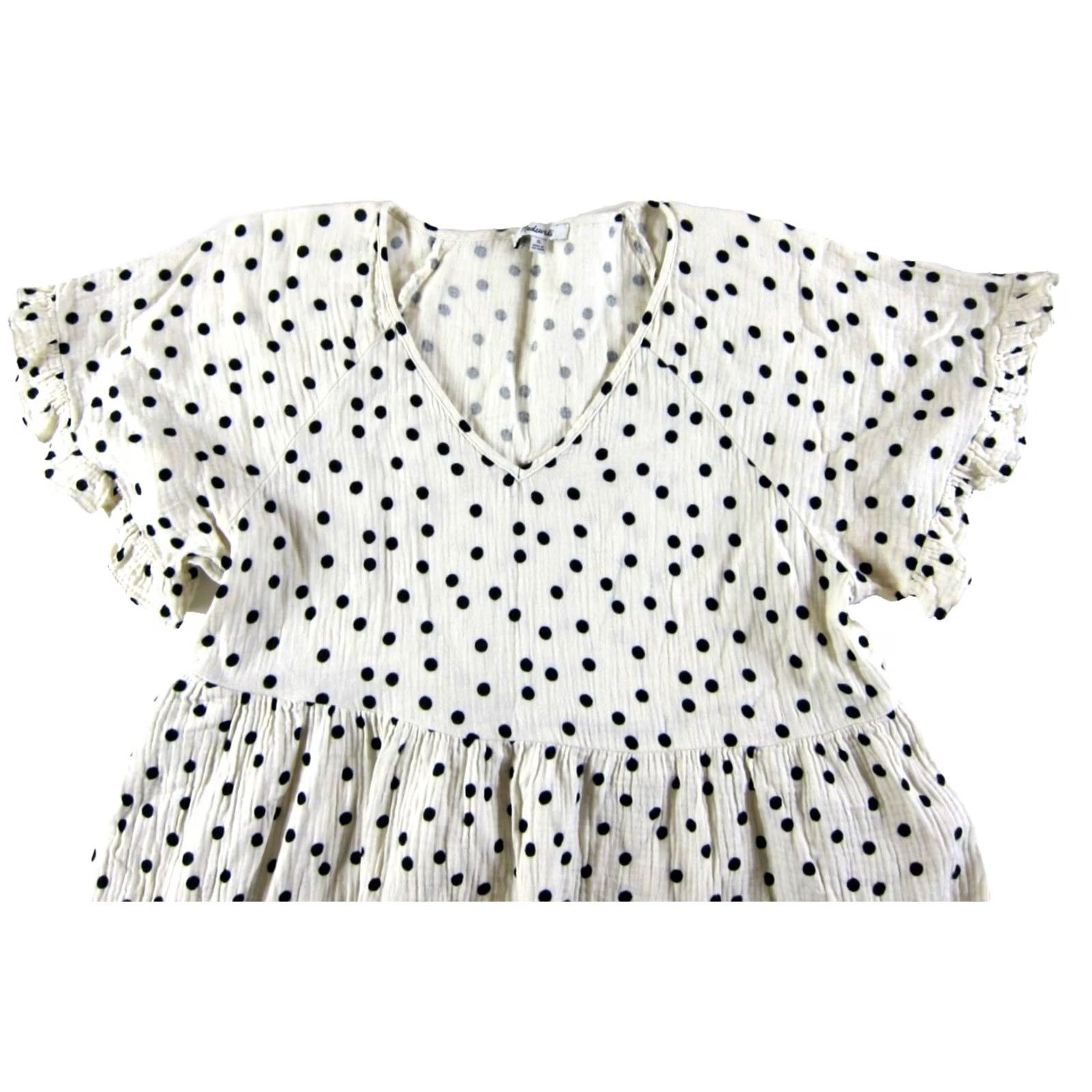 Madewell Madewell Dress Cotton Gauze Ivory Black Polka Dot Smock Pocket Ruffle Sleeve XL Size XL / US 12-14 / IT 48-50 - 4 Thumbnail
