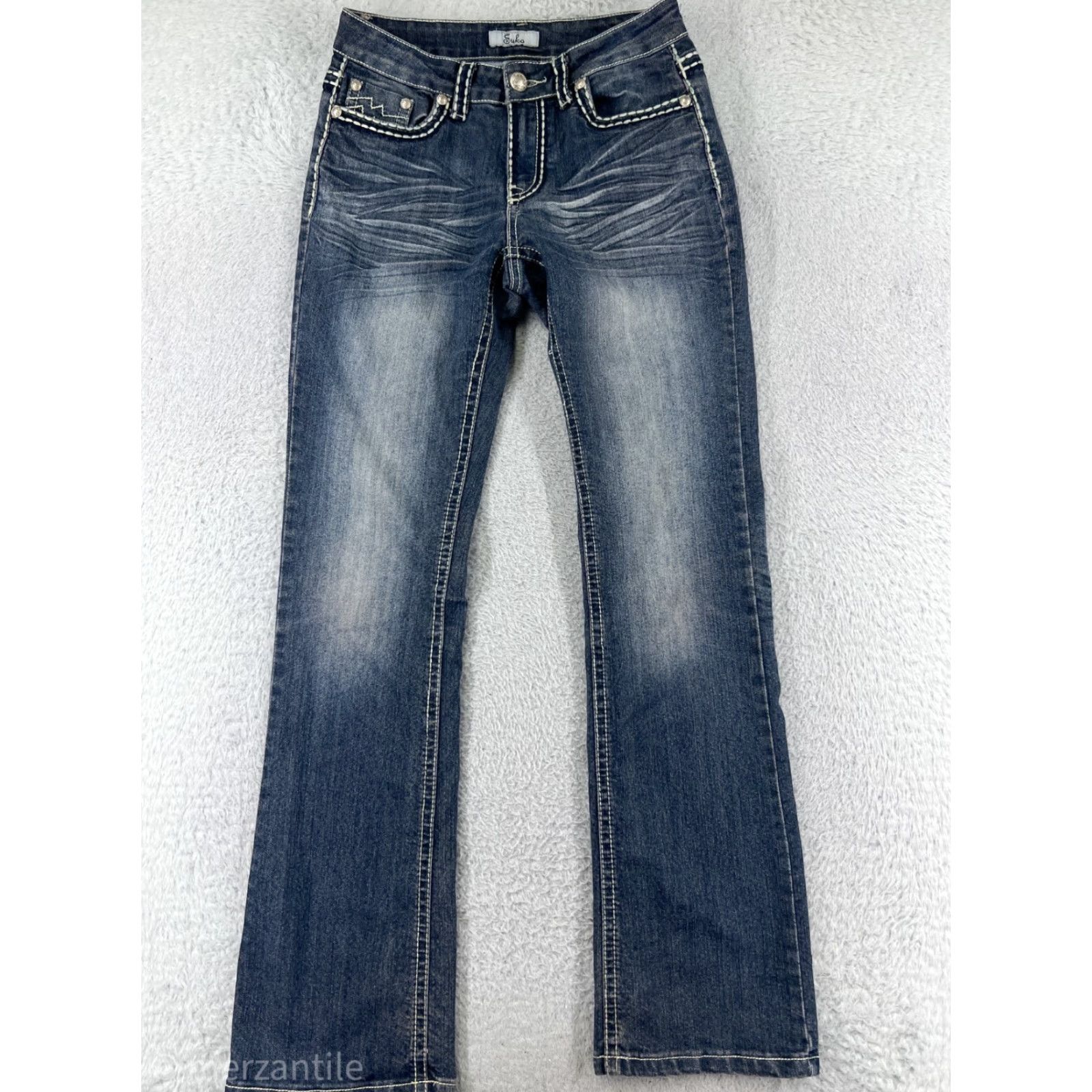 Denime Suko Jeans Women 8 Blue Denim Bootcut Mid Rise Distressed Zipper 5-Pocket Inseam 31" Womens Size 30" / US 8 / IT 44 - 2 Thumbnail