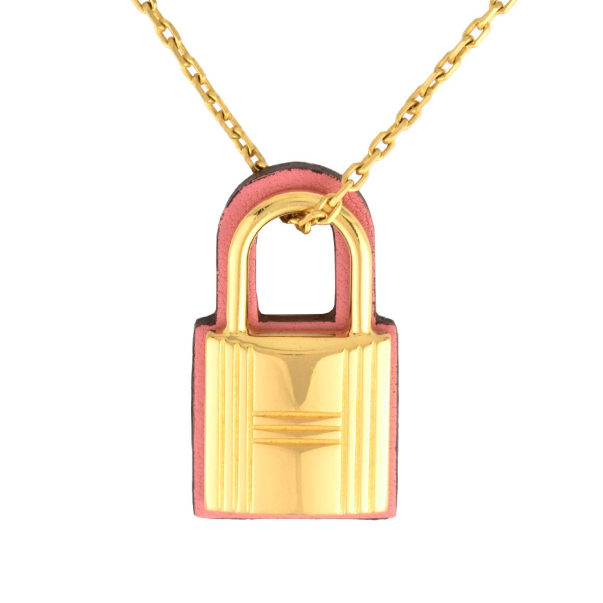 image of Hermes O'kelly Pm Pendant Necklace Leather Gp D Engraved Pink It75Tzueryww in Gold, Women's