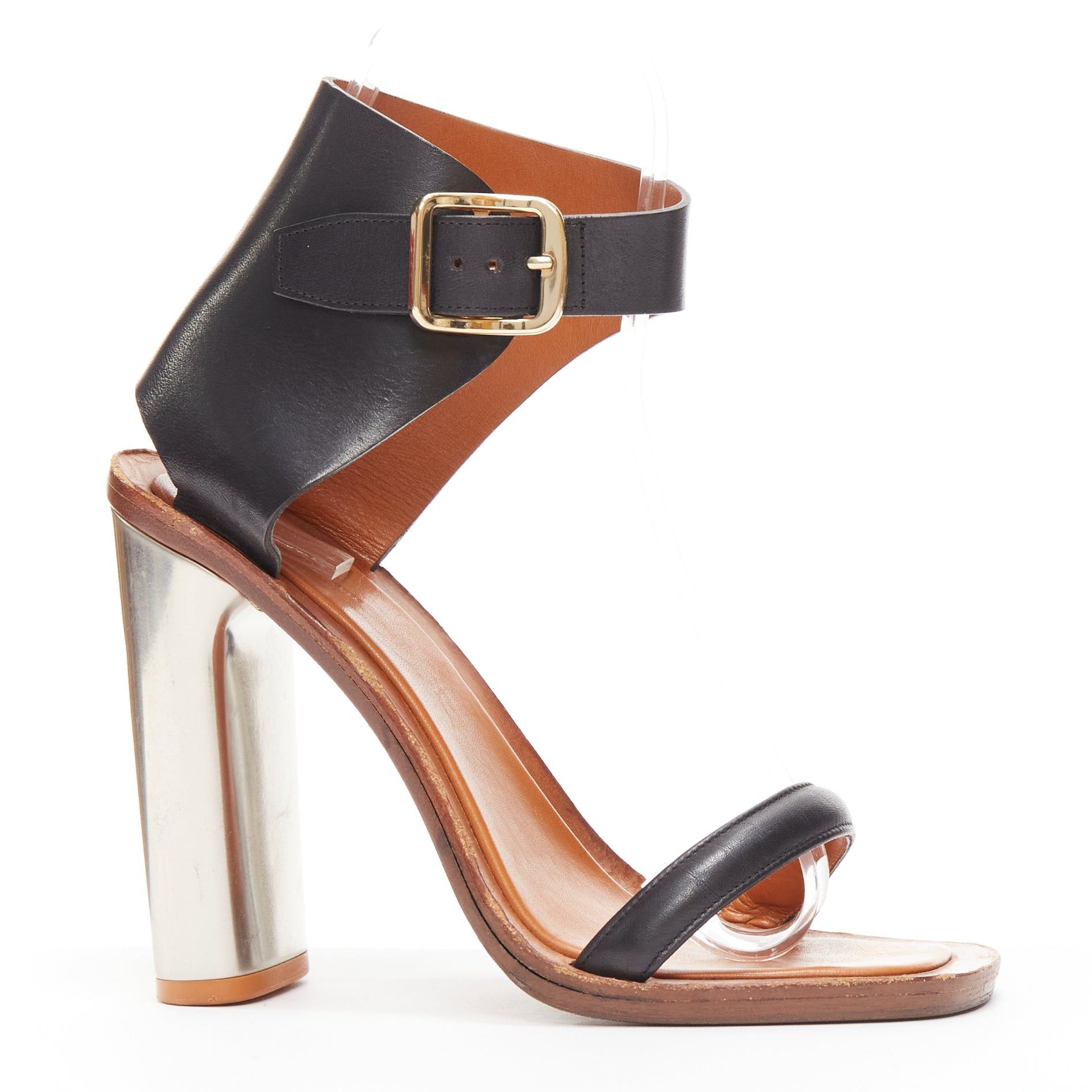 Celine CELINE Phoebe Philo Bam Bam black open toe silver metal block heel  sandal EU37 | Grailed