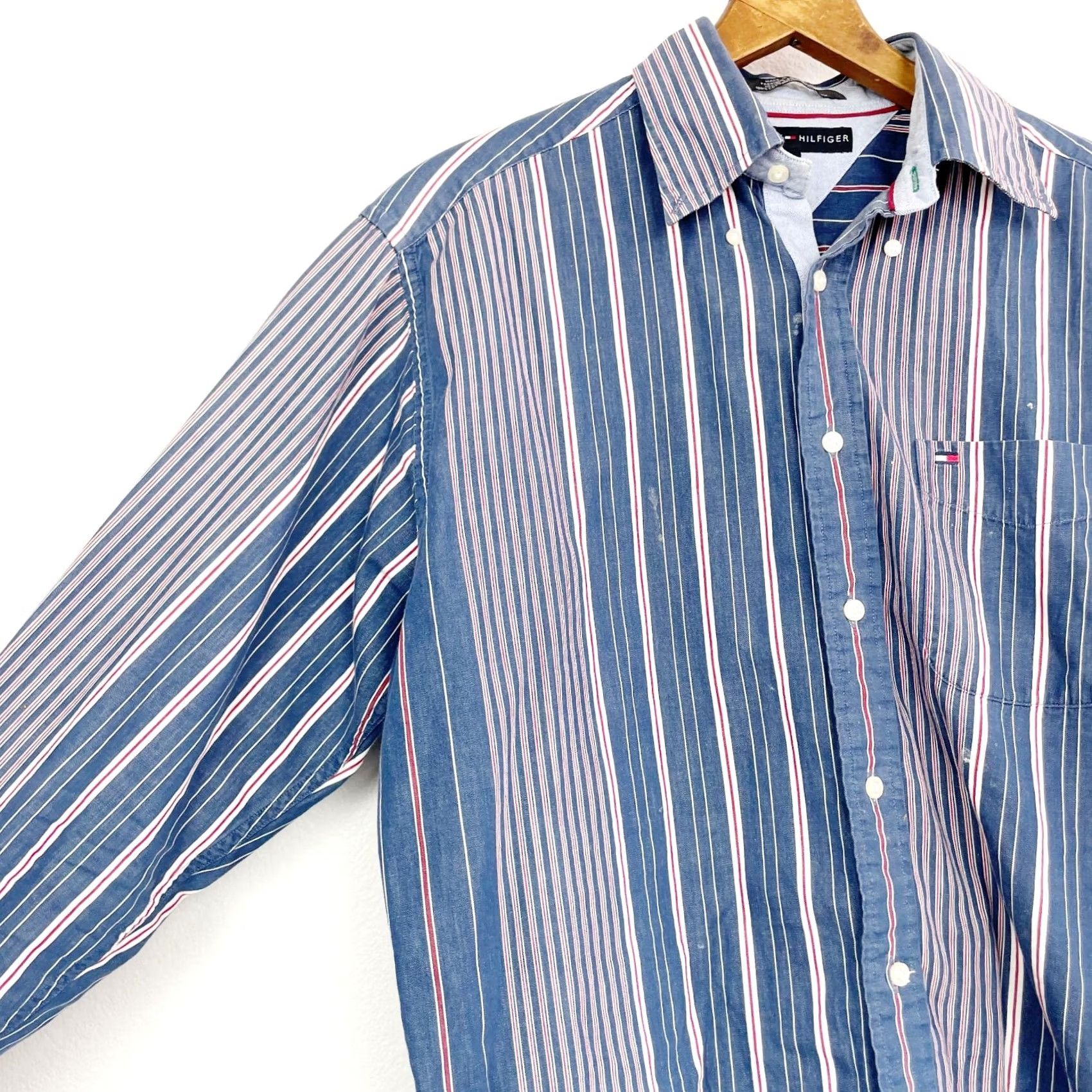 Tommy Hilfiger VINTAGE Tommy Hilfiger Shirt Mens Size M 1990s Red Blue Striped Long Sleeve Button-Front Cotton 100% Grunge Size US M / EU 48-50 / 2 - 5 Thumbnail
