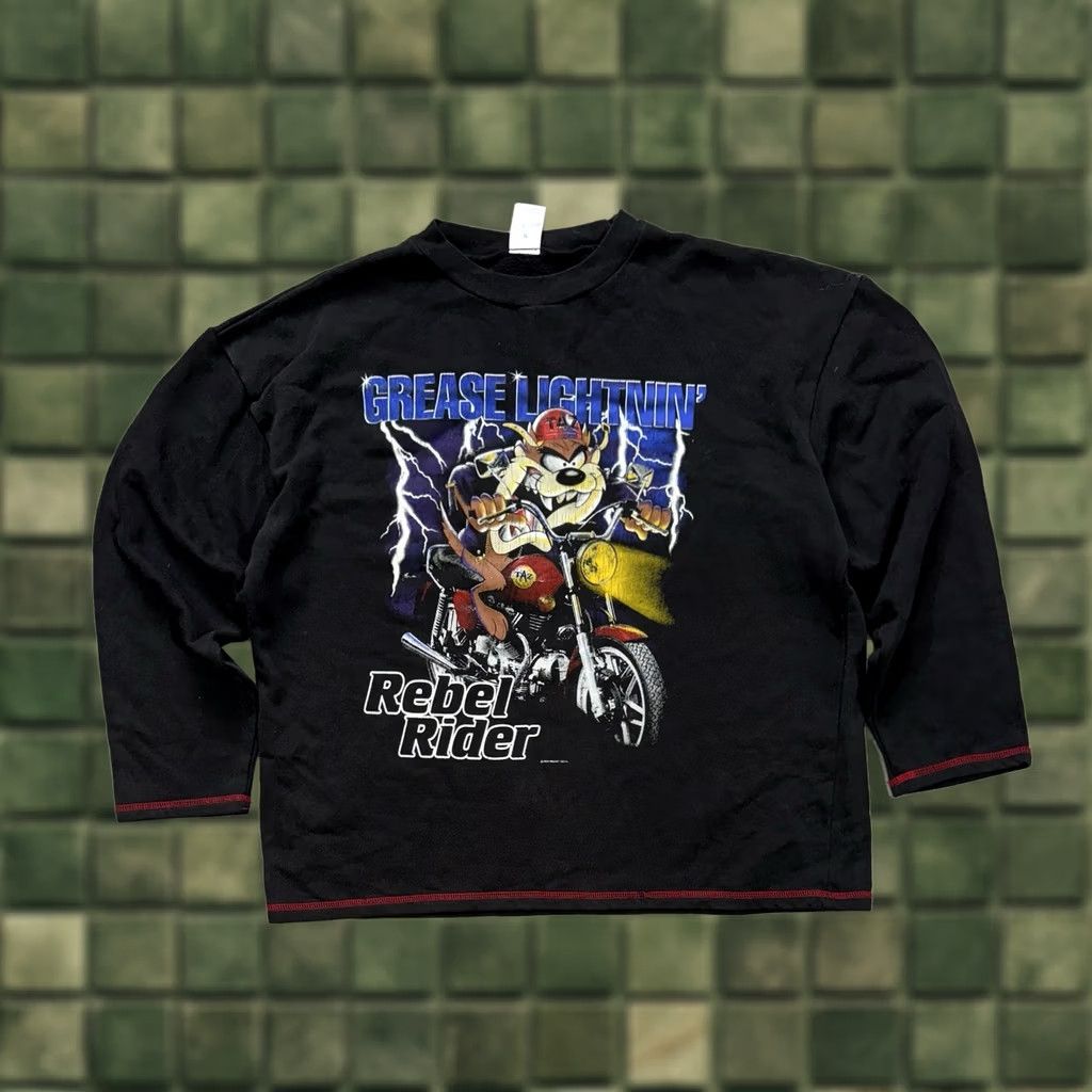 Vintage VINTAGE 1994 Looney Tunes Taz Grease Lightnin’ Rebel Rider Long Sleeve Sweatshirt Mens 42/44 Black Size US XL / EU 56 / 4 - 1 Thumbnail