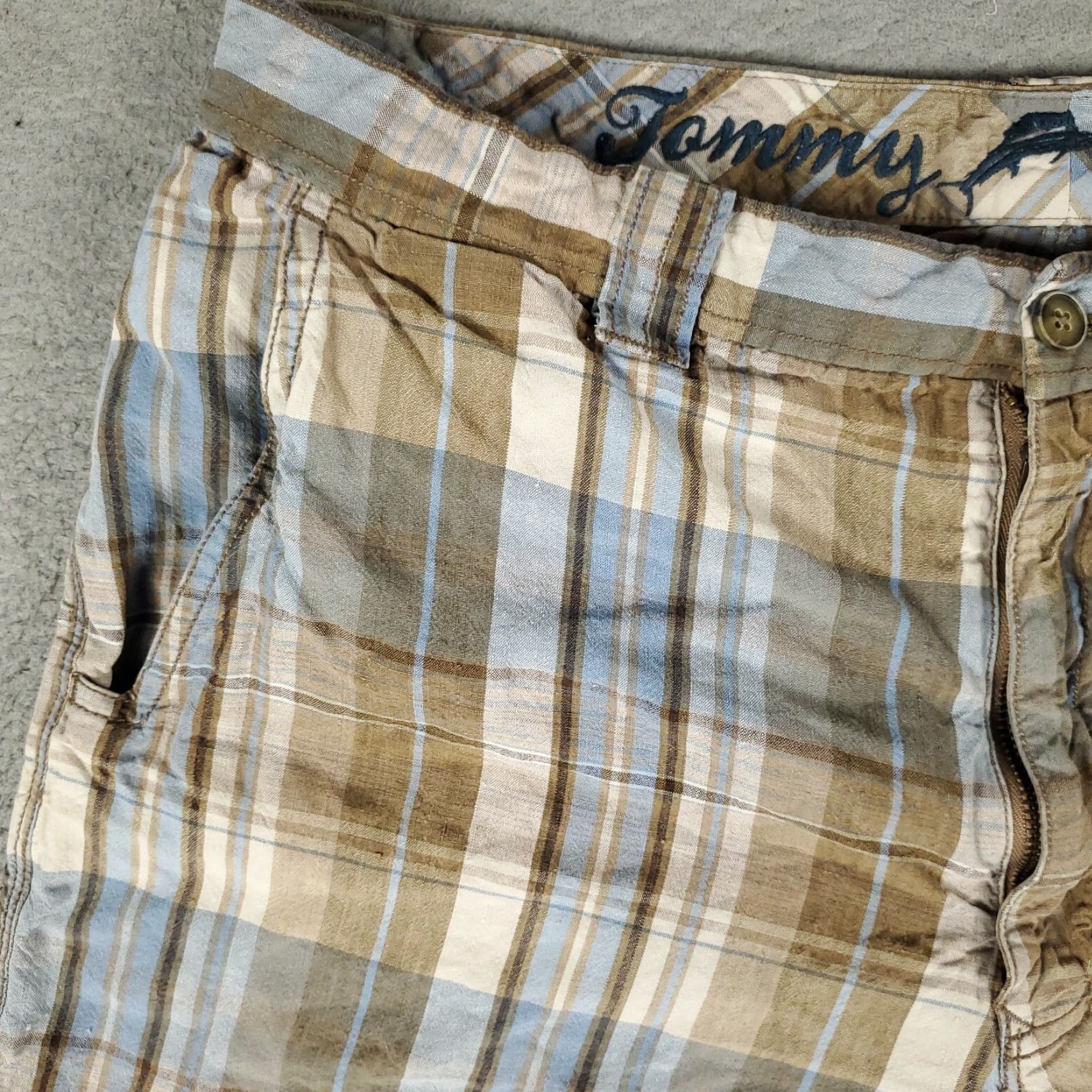 Tommy Bahama VINTAGE Tommy Bahama Men's Shorts Size 33 Linen Plaid Flat Front Chino Casual Summer Blue Size US 33 - 2 Thumbnail