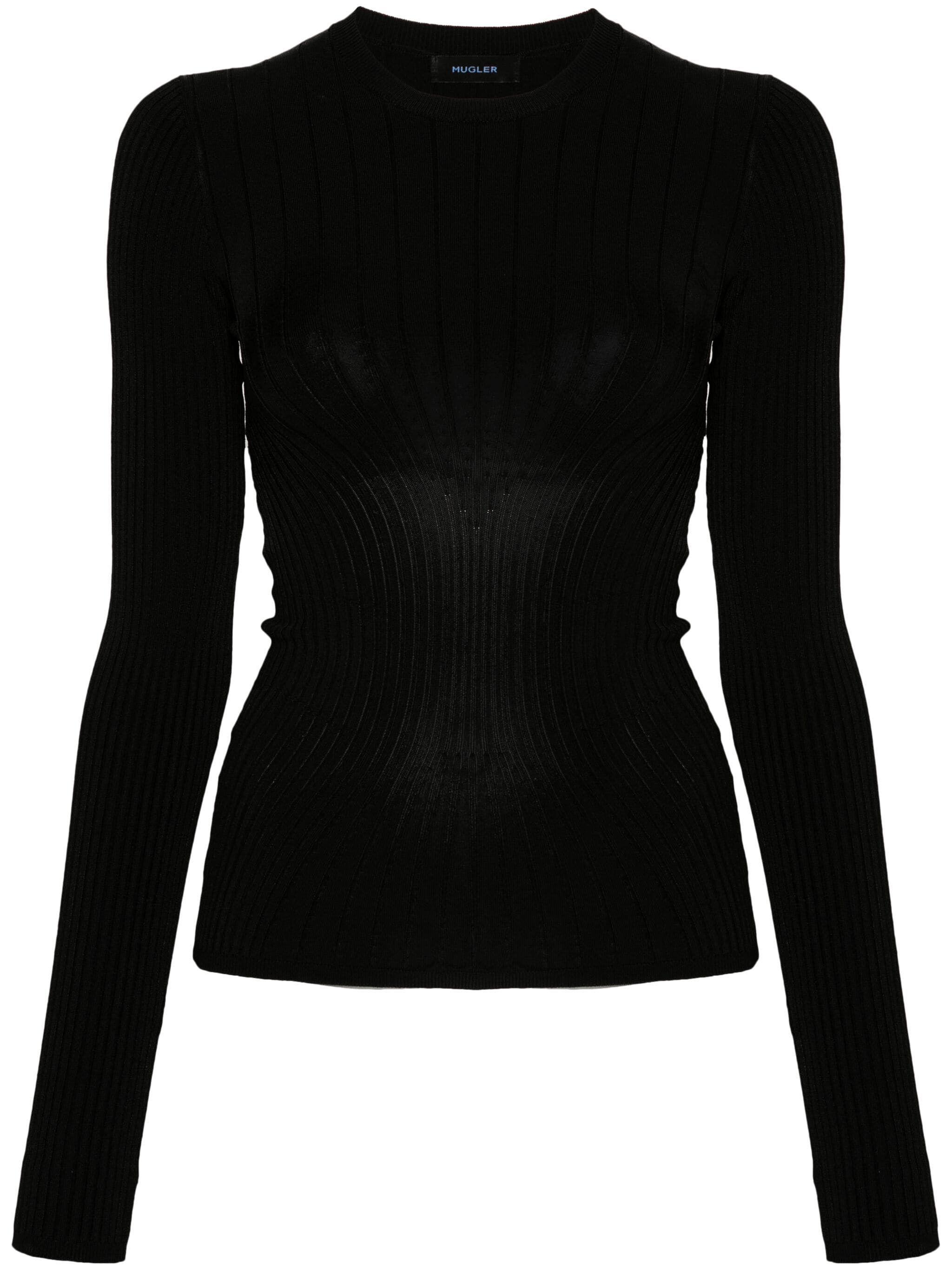 o1s22i1n1024 Long Sleeves Ribbed Knit Top in Black