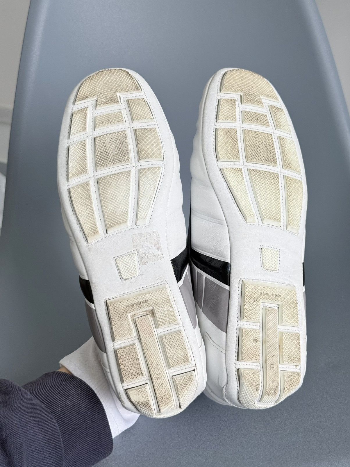 Prada Prada Rev Sneakers White Padded Leather Gray Stripe Low Top Size US 9 / IT 39 - 15 Thumbnail
