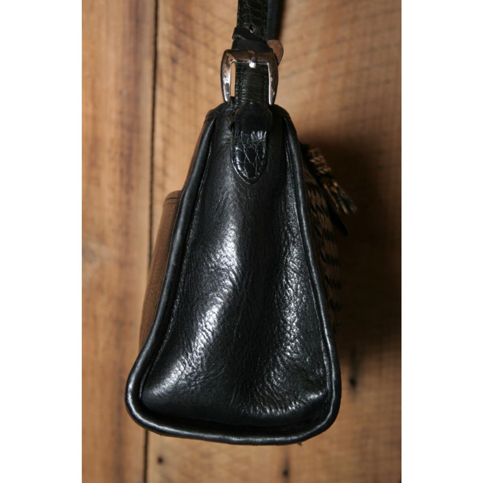 Brighton VINTAGE Brighton Shoulder Bag Black Leather Croc Embossed Plaid Lined Small Purse Size ONE SIZE - 4 Thumbnail