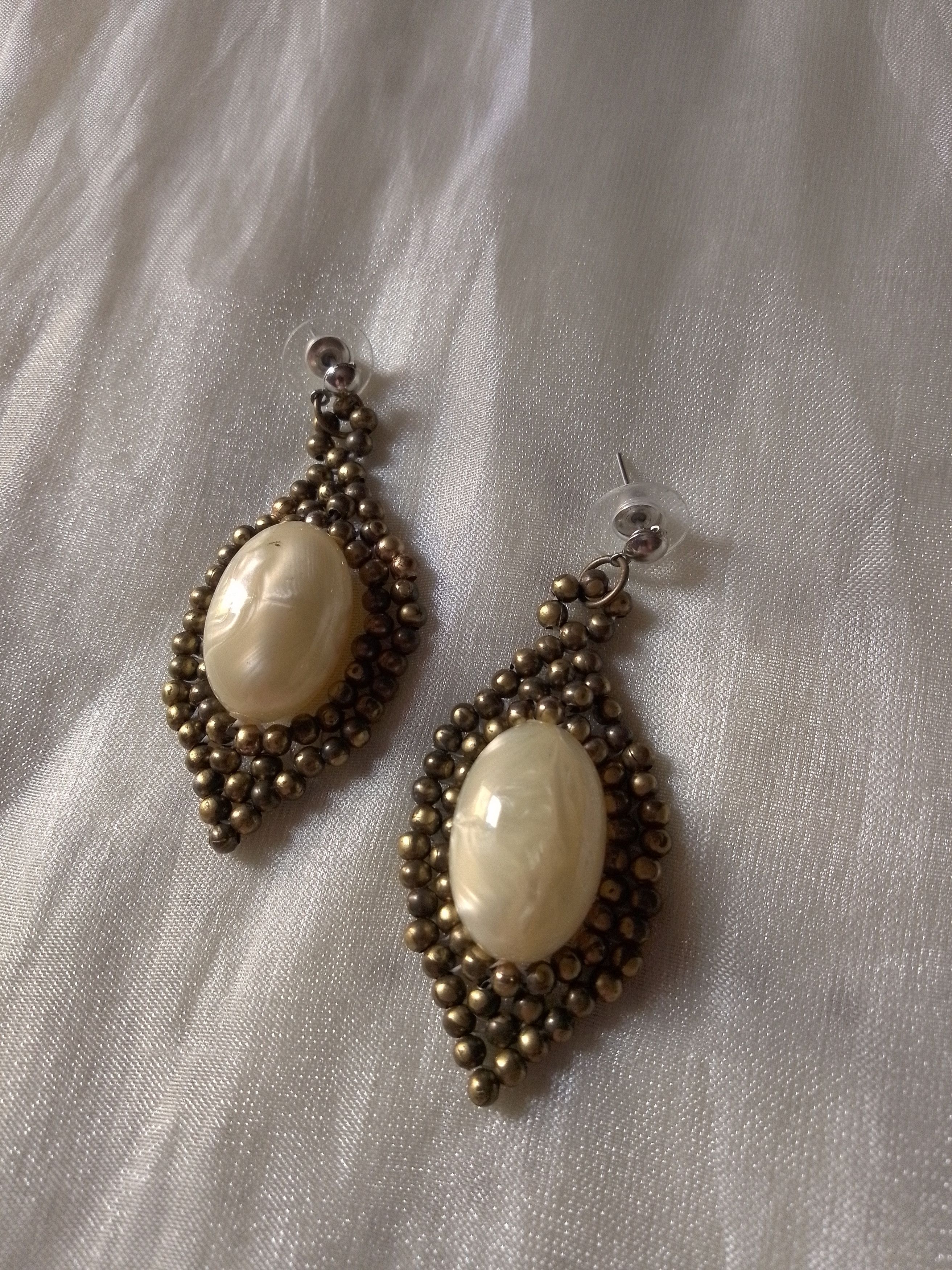 Handmade Earrings Vintage Elegant Antique Pearl and Brass Embroidered Size ONE SIZE - 5 Thumbnail