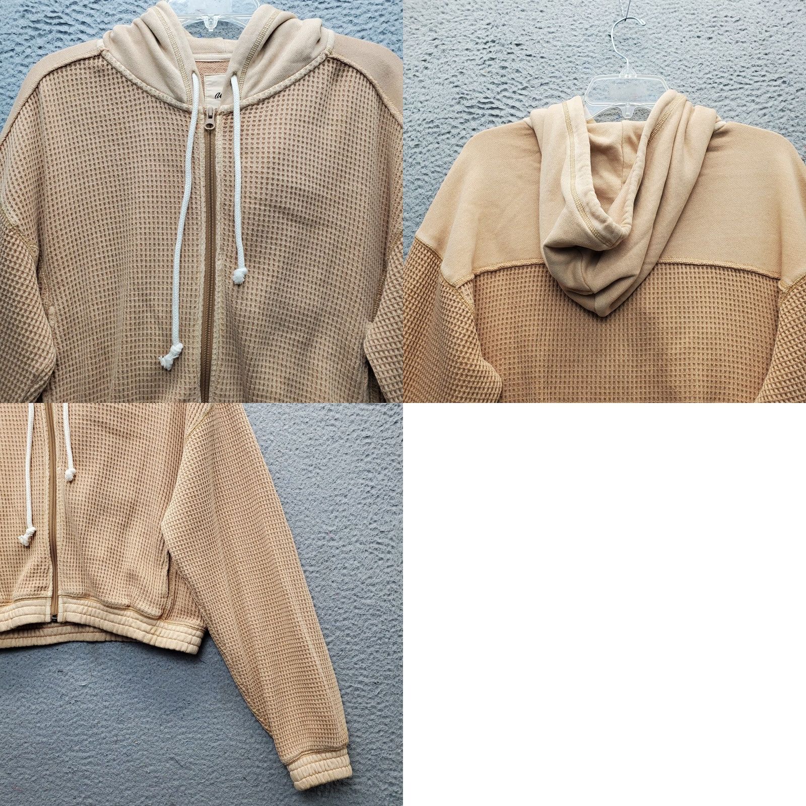 Vintage Aerie Womens Small Tan Cropped Hoodie Full Zip Hooded Waffle Knit Thermal Long Sleeve Size S / US 4 / IT 40 - 8 Thumbnail