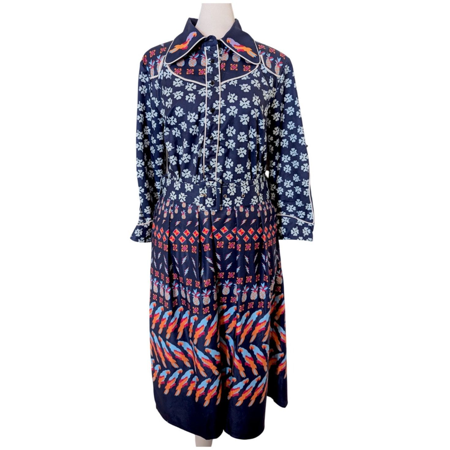 Other Tea & Cup Blue Pineapple Geometric Belted Satin Shirt Dress Size L / US 10 / IT 46 - 1 Thumbnail