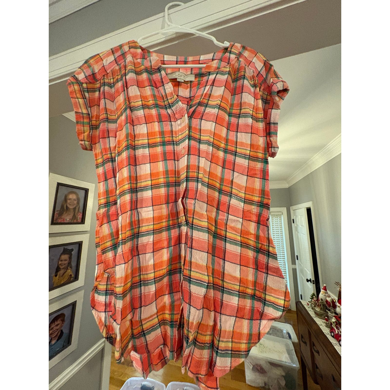 Loft LOFT Plaid Tunic Top XS Pink Orange Green Short Sleeve Size XS / US 0-2 / IT 36-38 - 4 Thumbnail