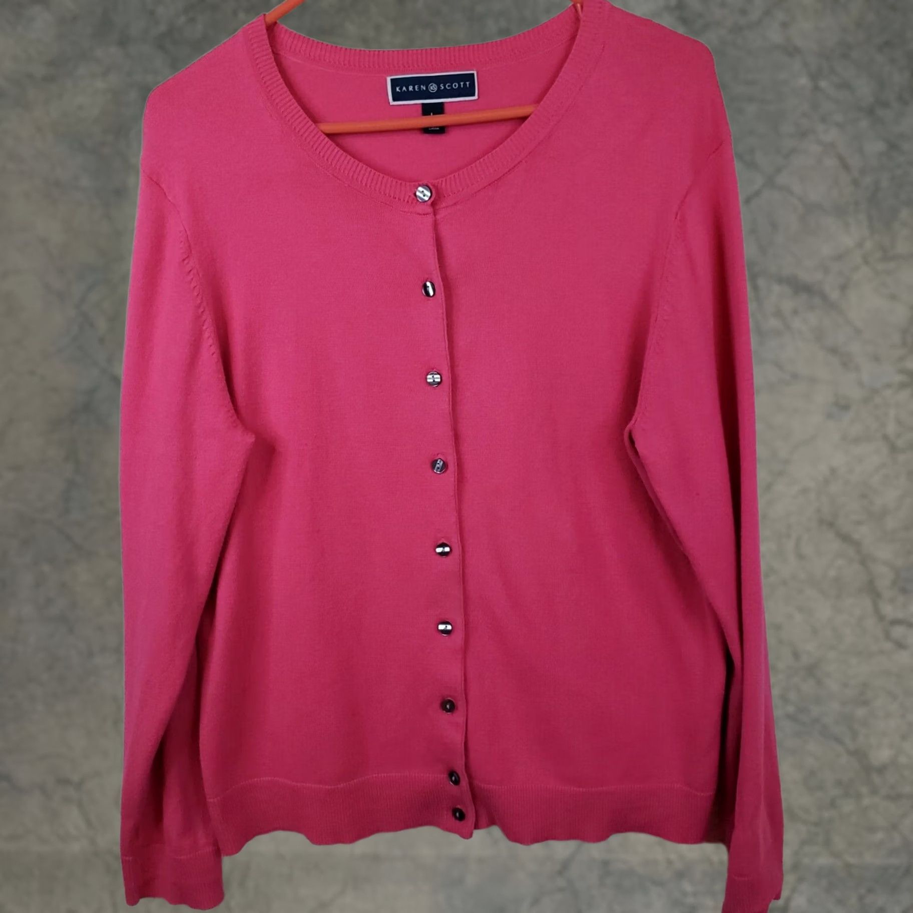Vintage Karen Scott Women's L Cardigan Sweater Pink Cotton Blend Button Front Round Neck Long Sleeve Regular Fit Barbie Theme Casual Workwear Size L / US 10 / IT 46 - 1 Thumbnail