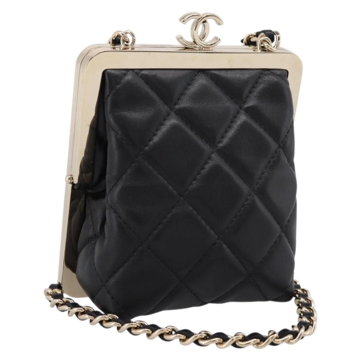 Chanel Chain Pouch Lamb Skin Black Gold Tone Cc Auth, Women's