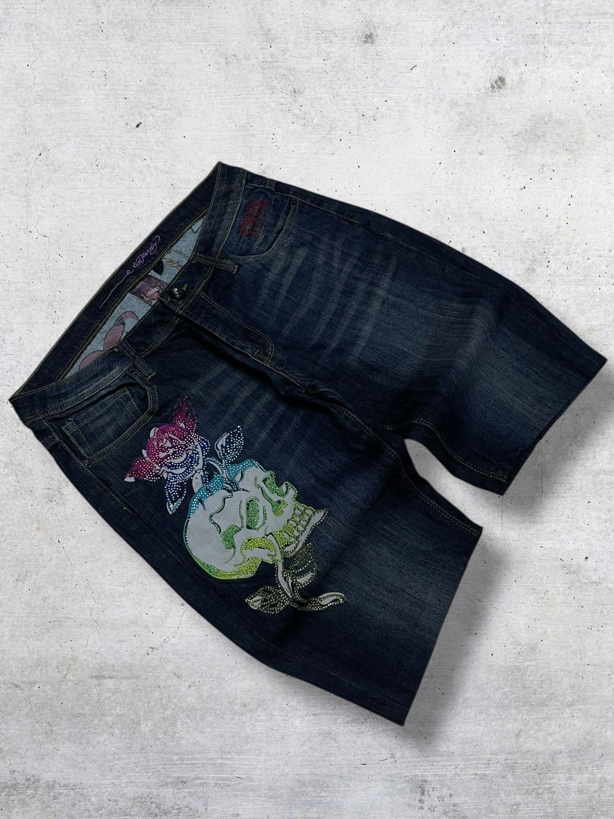 Christian Audigier VINTAGE DESIGNER CHRISTIAN AUDIGER SKULL TATTOO SHORT DENIM Size US 33 - 2 Thumbnail