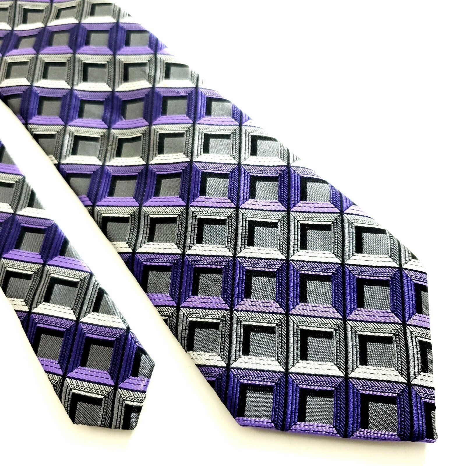 Joseph Abboud Joseph Abboud Gray Purple Geometric Woven Silk Tie Size ONE SIZE - 1 Thumbnail