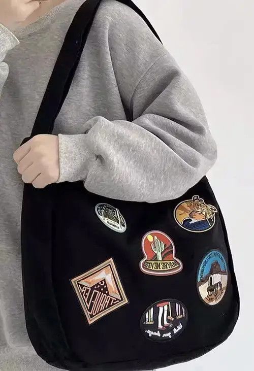 Fashion Y2K Patches Canvas Shoulder Messenger Bag Vintage in Black, Men's