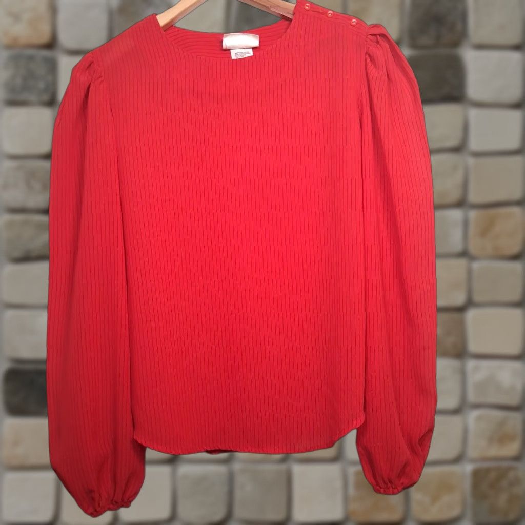 Vintage VINTAGE Paquette Blouse Shirts Women L Red Striped Semi-sheer Balloon Long Sleeve Button Round Neck 1980s Office Wear Size L / US 10 / IT 46 - 1 Thumbnail