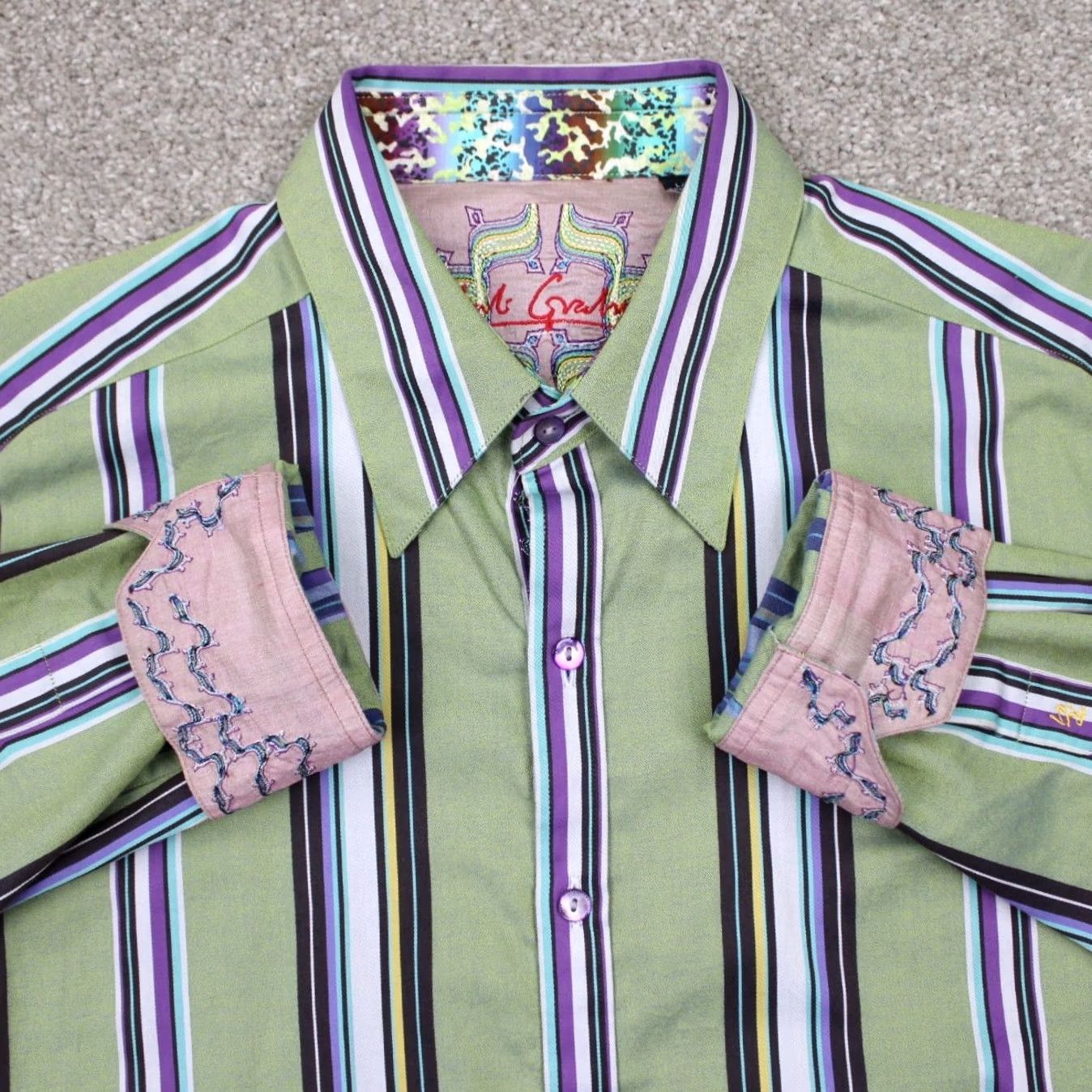 Robert Graham Robert Graham Button-Up Shirt Adult Large Green/Purple Cotton L/S Striped Size US L / EU 52-54 / 3 - 2 Thumbnail