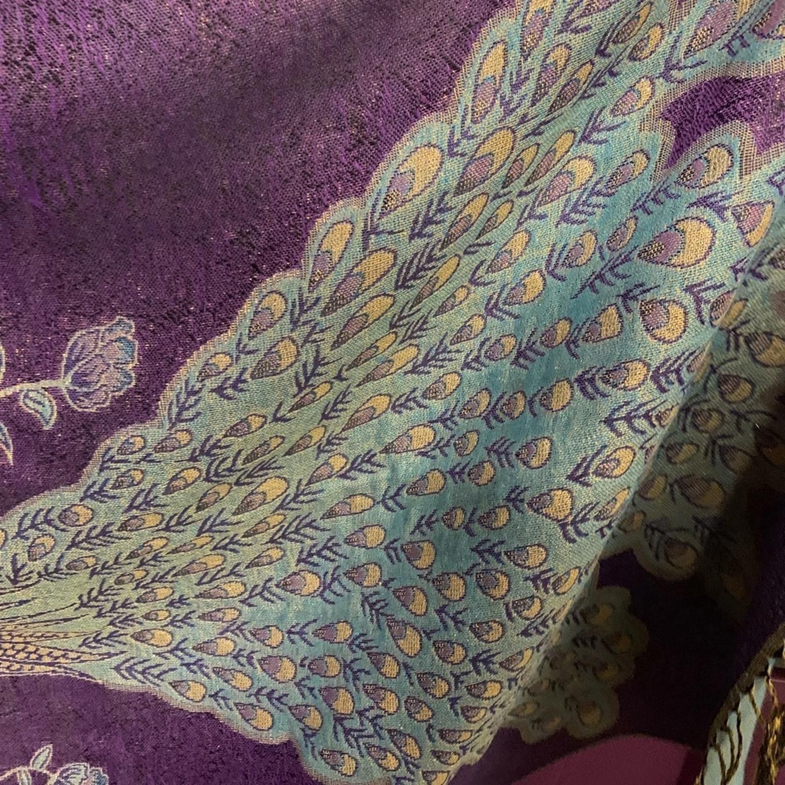 Designer Vibrant Purple Scarf with Peacock Design Size ONE SIZE - 2 Thumbnail