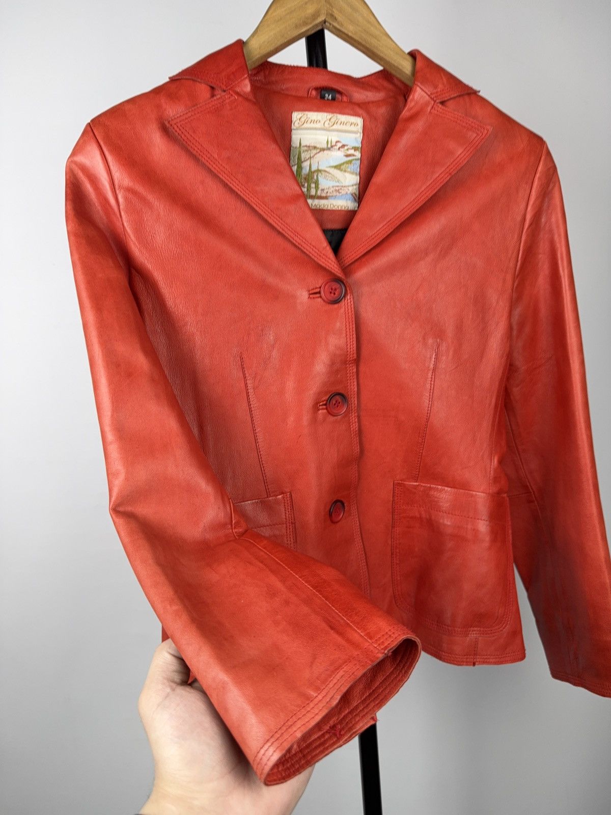 Genuine Leather Vintage Avant Garde Red Leather Blazer Jacket 90s Italian Size S / US 4 / IT 40 - 3 Thumbnail