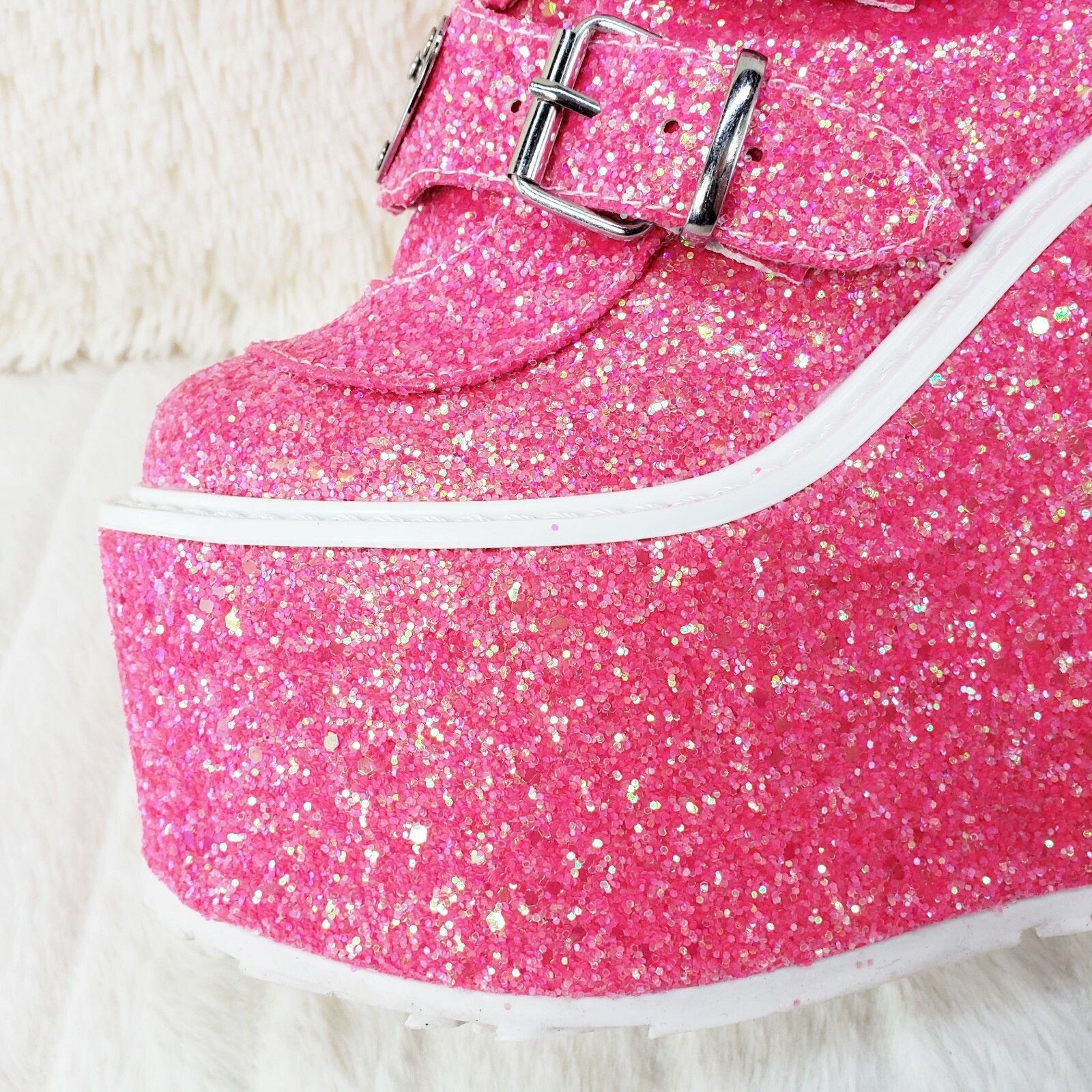 Other Swing 230G Pink Glitter Boot 5.5" Platform Heart Strap Goth Size US 10 / IT 40 - 7 Thumbnail